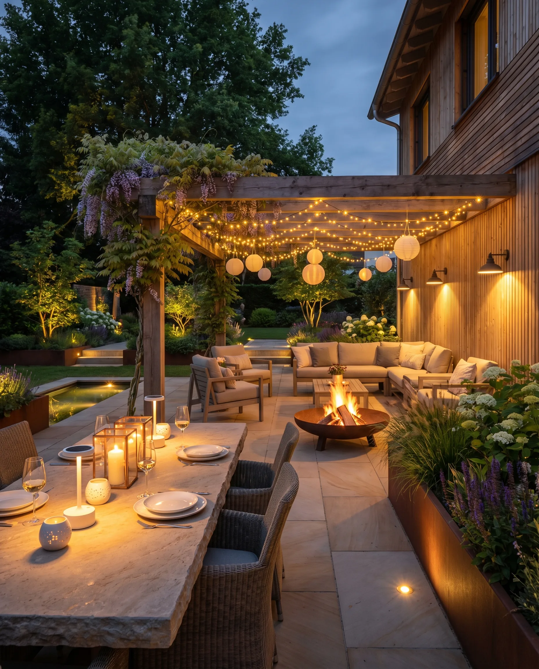 Terrassenbeleuchtung mit indirektem Licht und Loungemöbeln