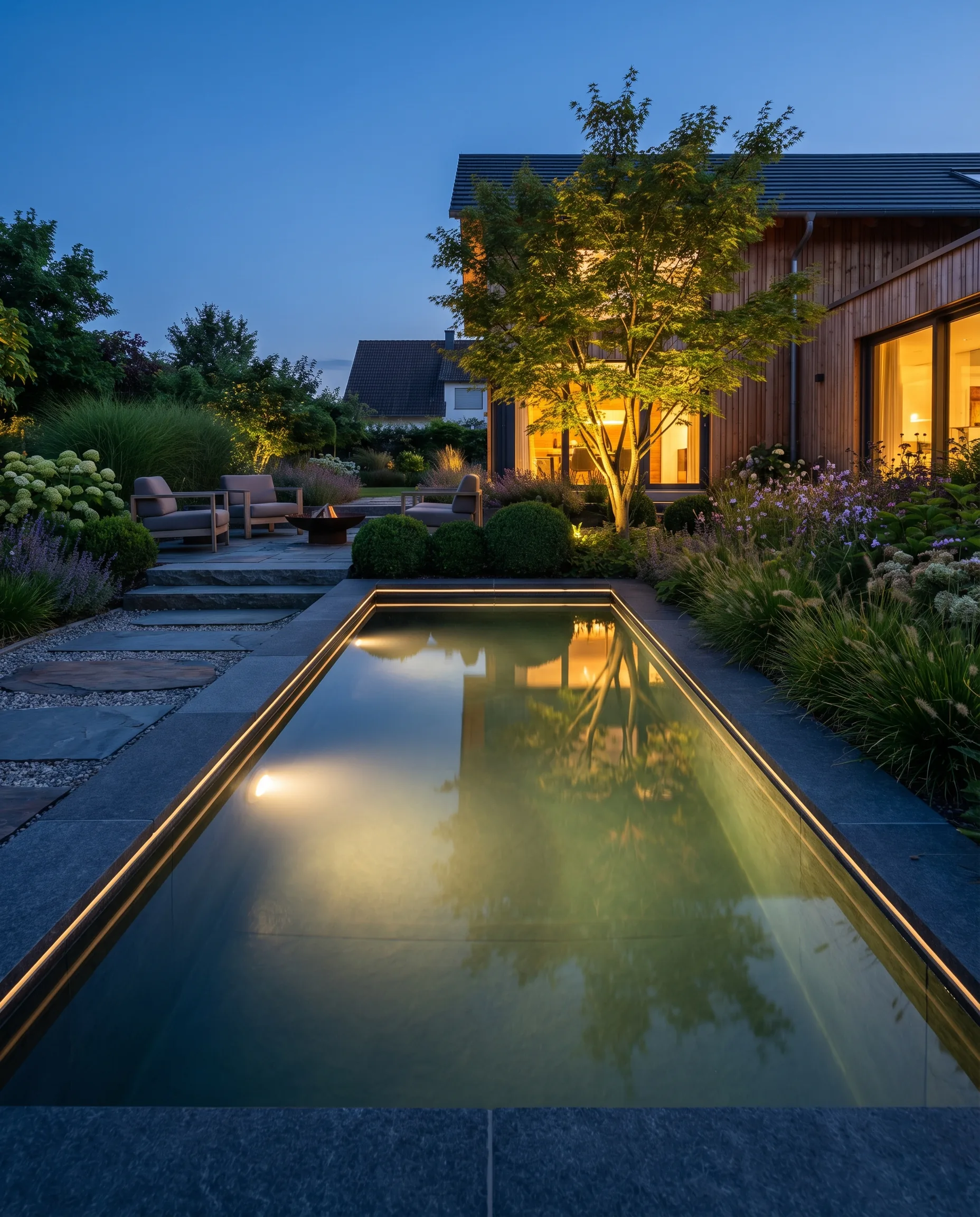 Beleuchtetes Wasserbecken mit stimmungsvollem Lichtspiel