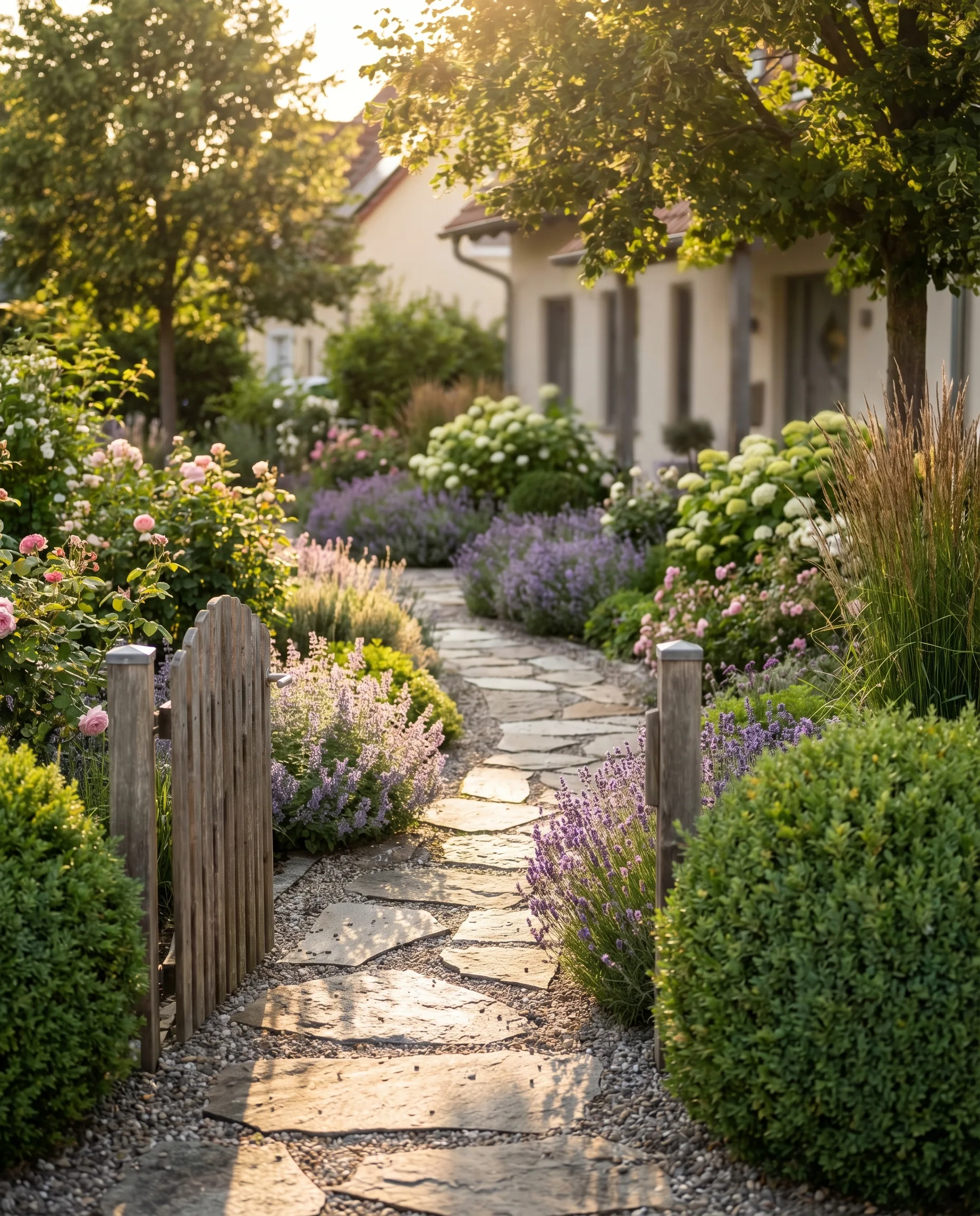 Geschwungener Kiesweg durch blühenden Garten mit Stauden und Gräsern