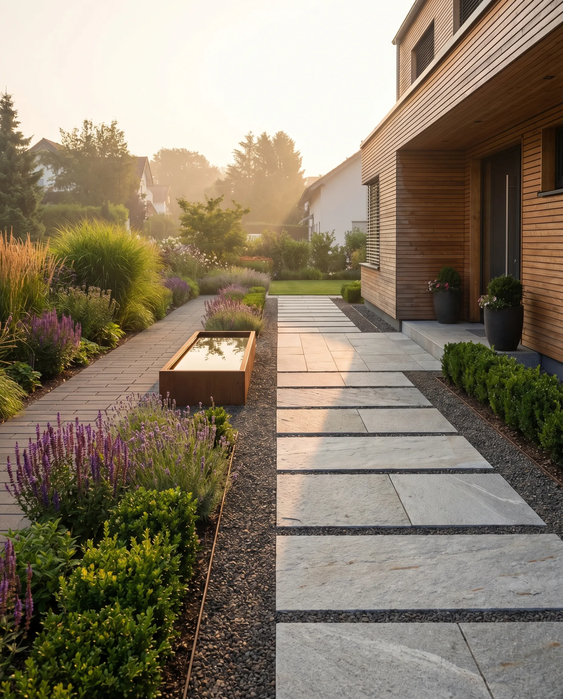 Gartenweg aus Naturstein mit weicher Bepflanzung an den Rändern