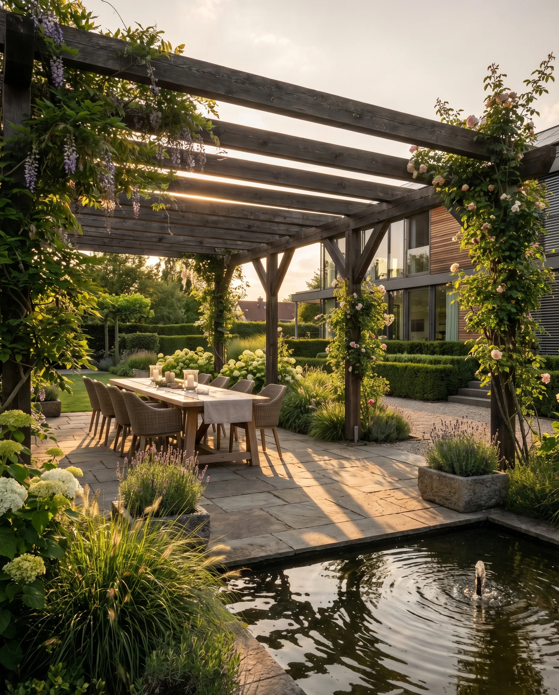 Begrünte Pergola mit Kletterpflanzen und gemütlicher Atmosphäre