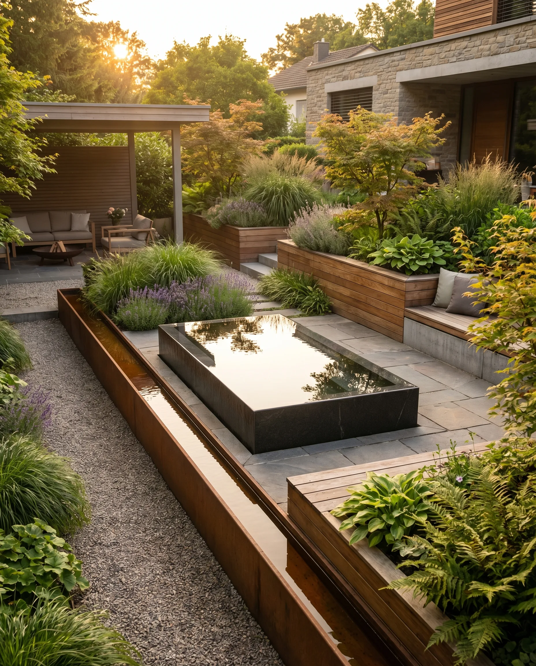 Kleiner Garten mit stilvollem Wasserbecken