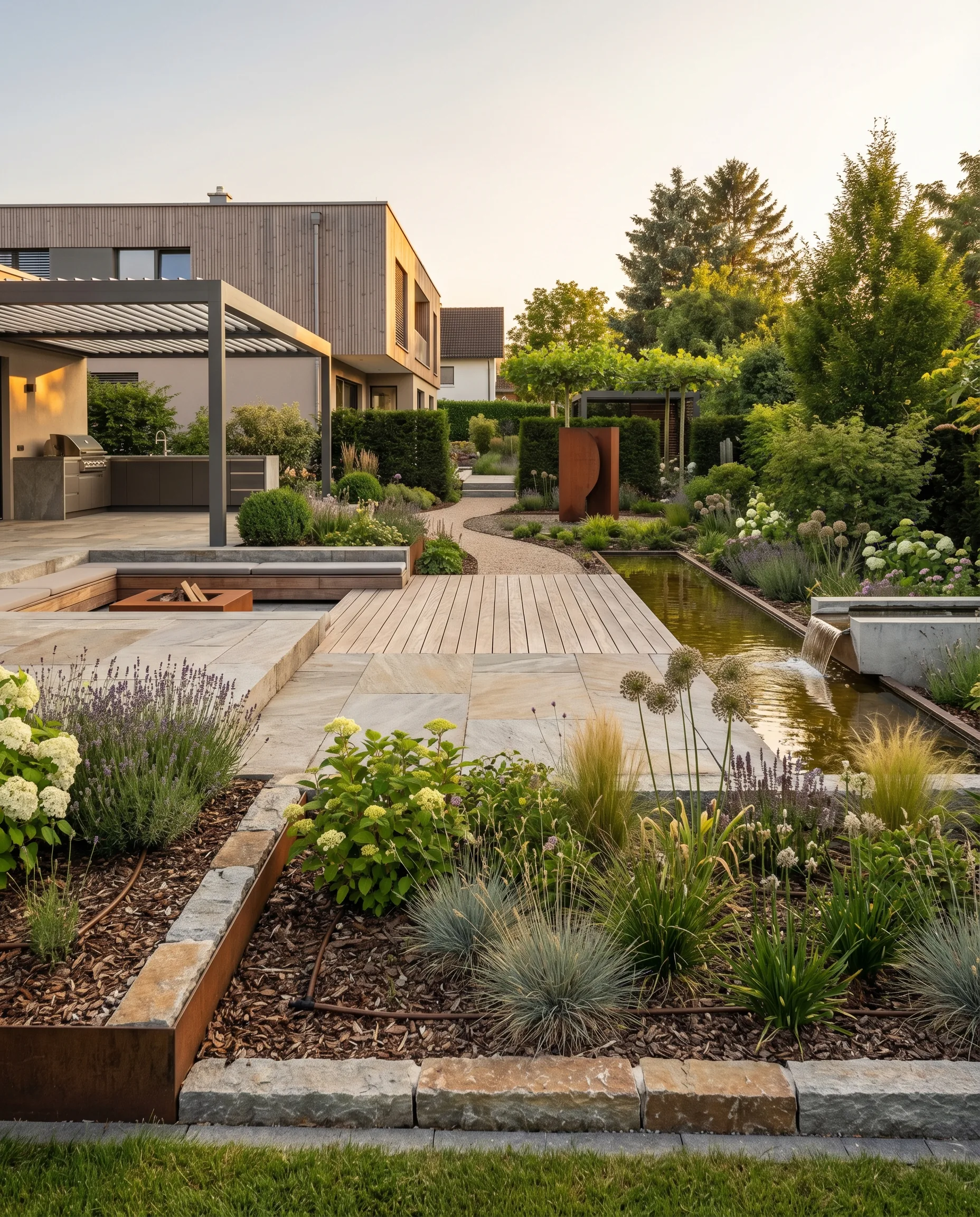 Moderner Garten mit reduzierten Pflanzflächen und Sichtbeton