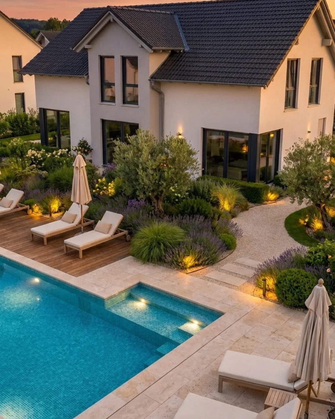 Pool-Garten mit klaren Kanten und Abendbeleuchtung