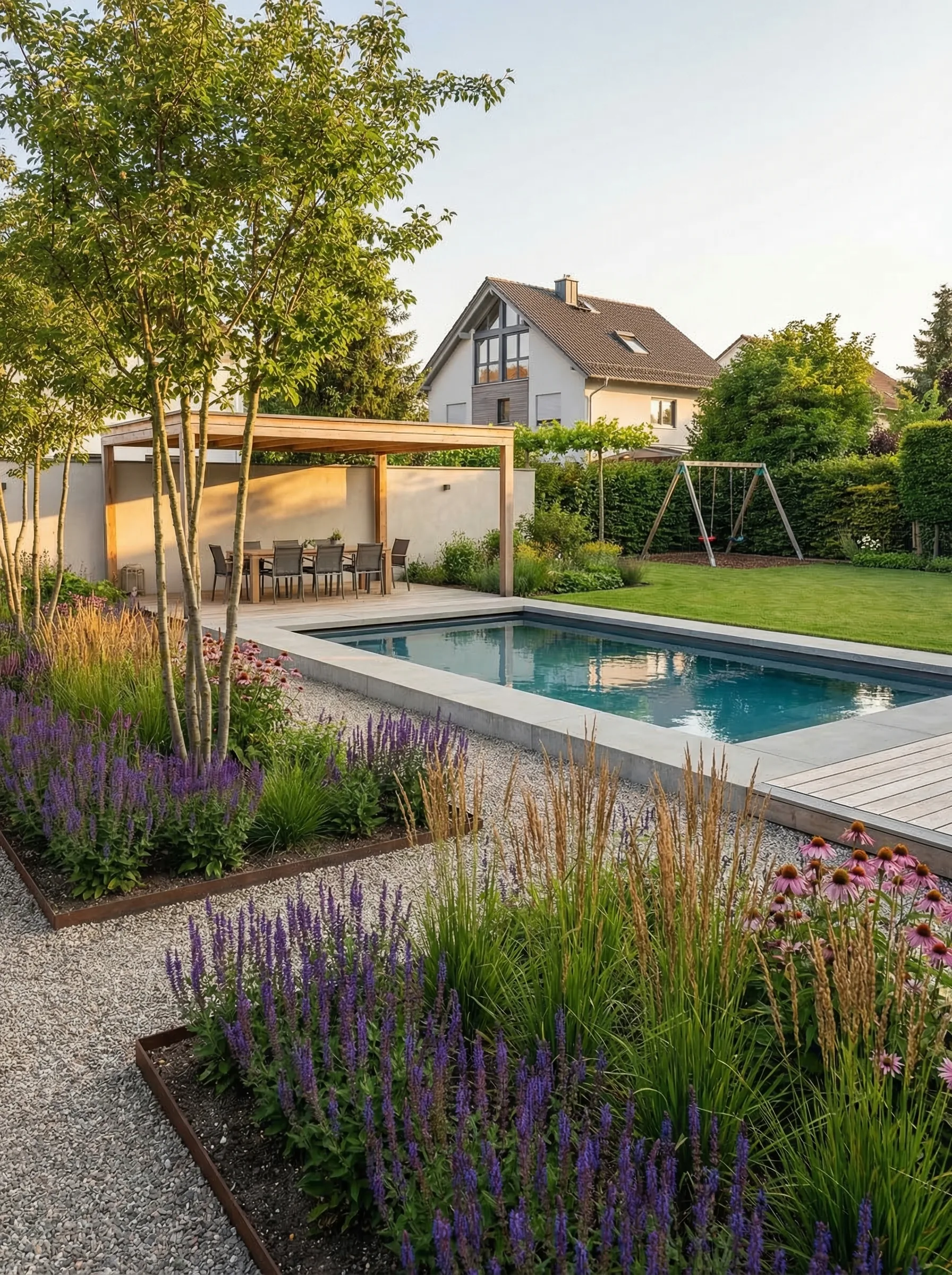 Moderner Garten mit Pool und architektonischer Gestaltung