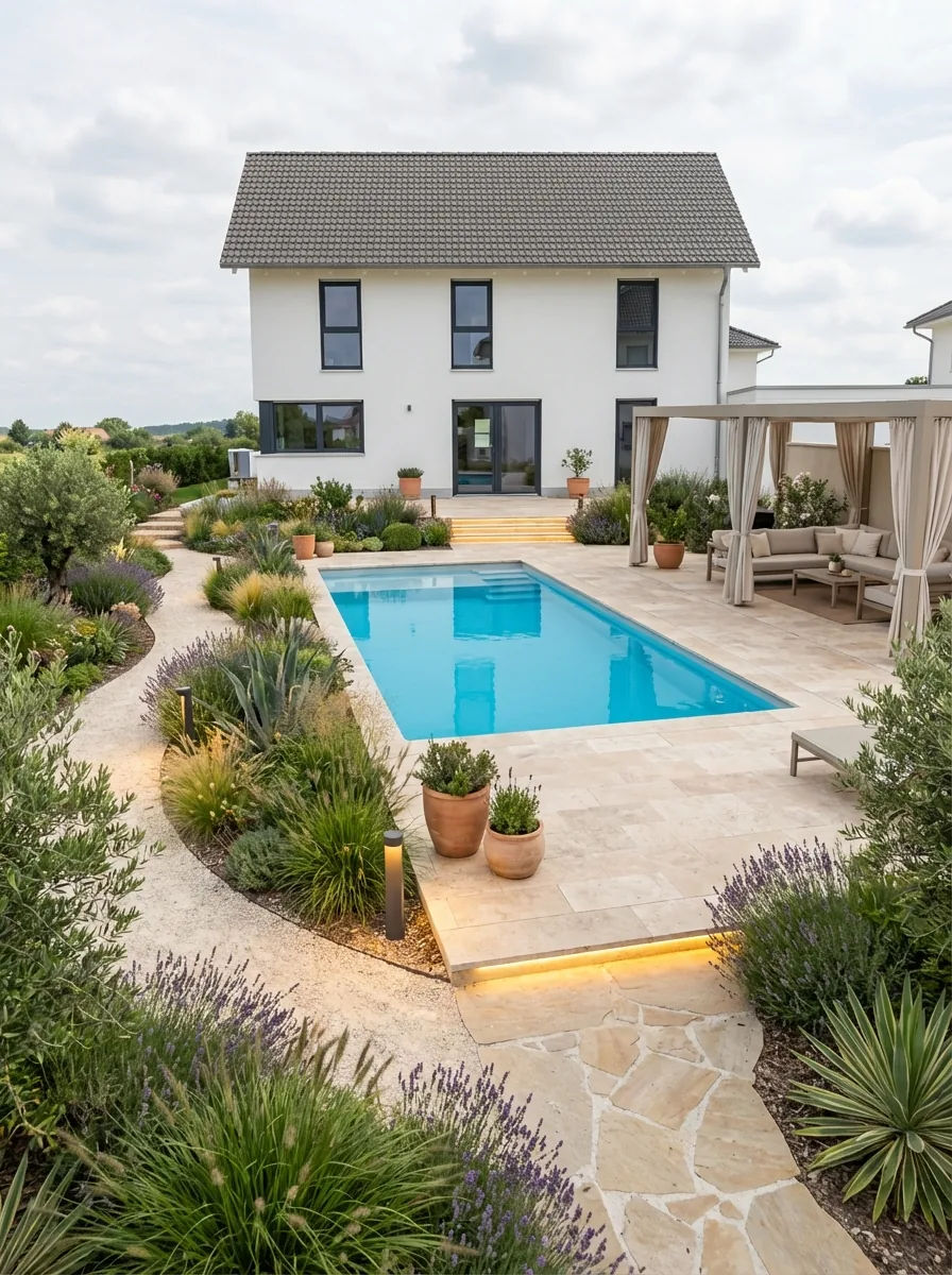 Moderner Pool mit Outdoor-Living-Bereich