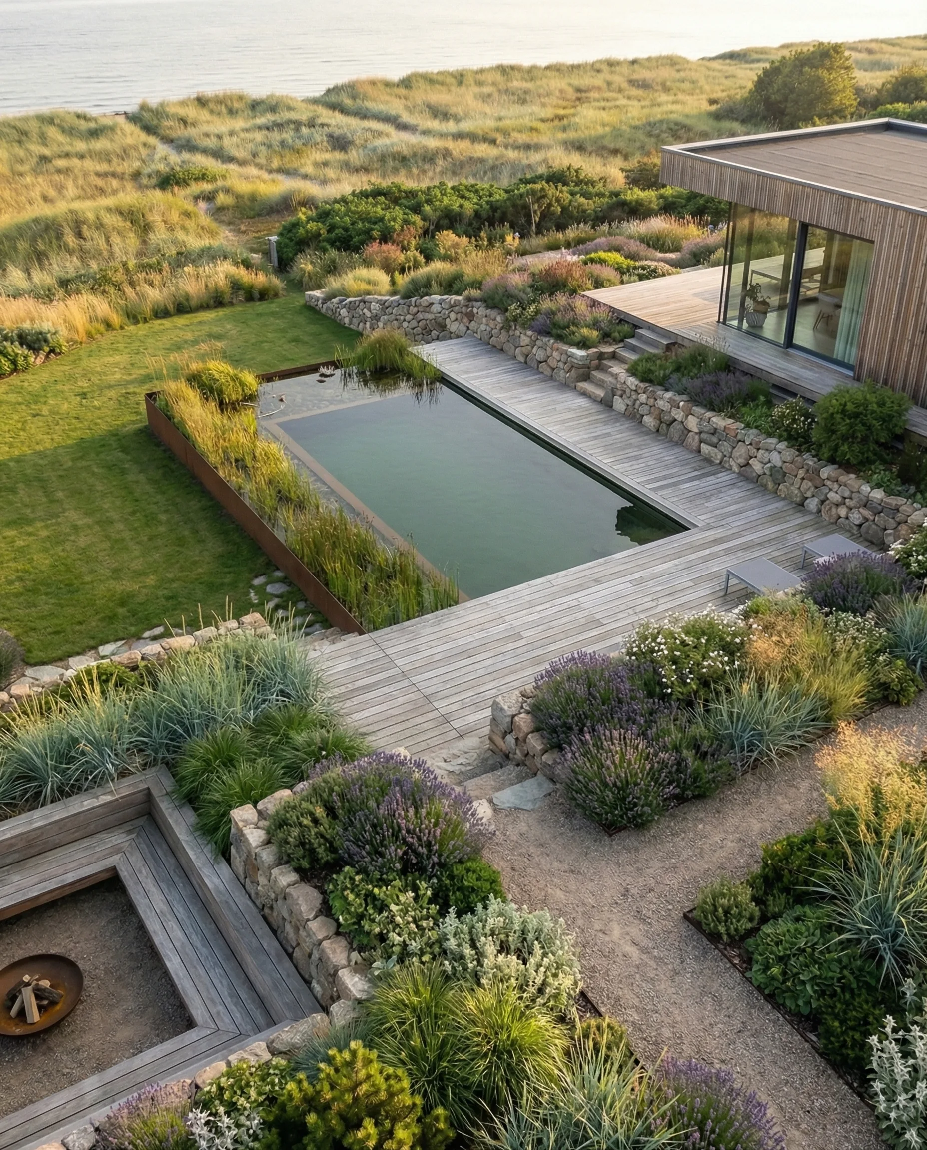 Pool-Landschaft mit Bepflanzung und Sichtschutz