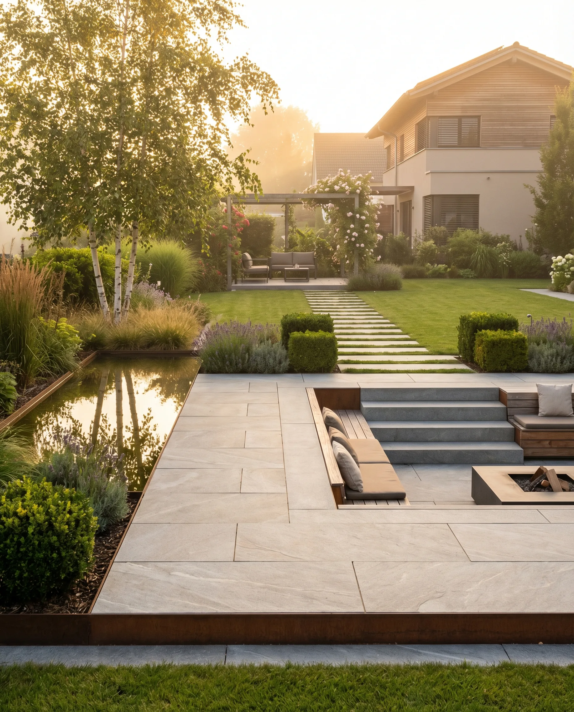 Moderne Terrasse mit Garten und klarer Zonierung
