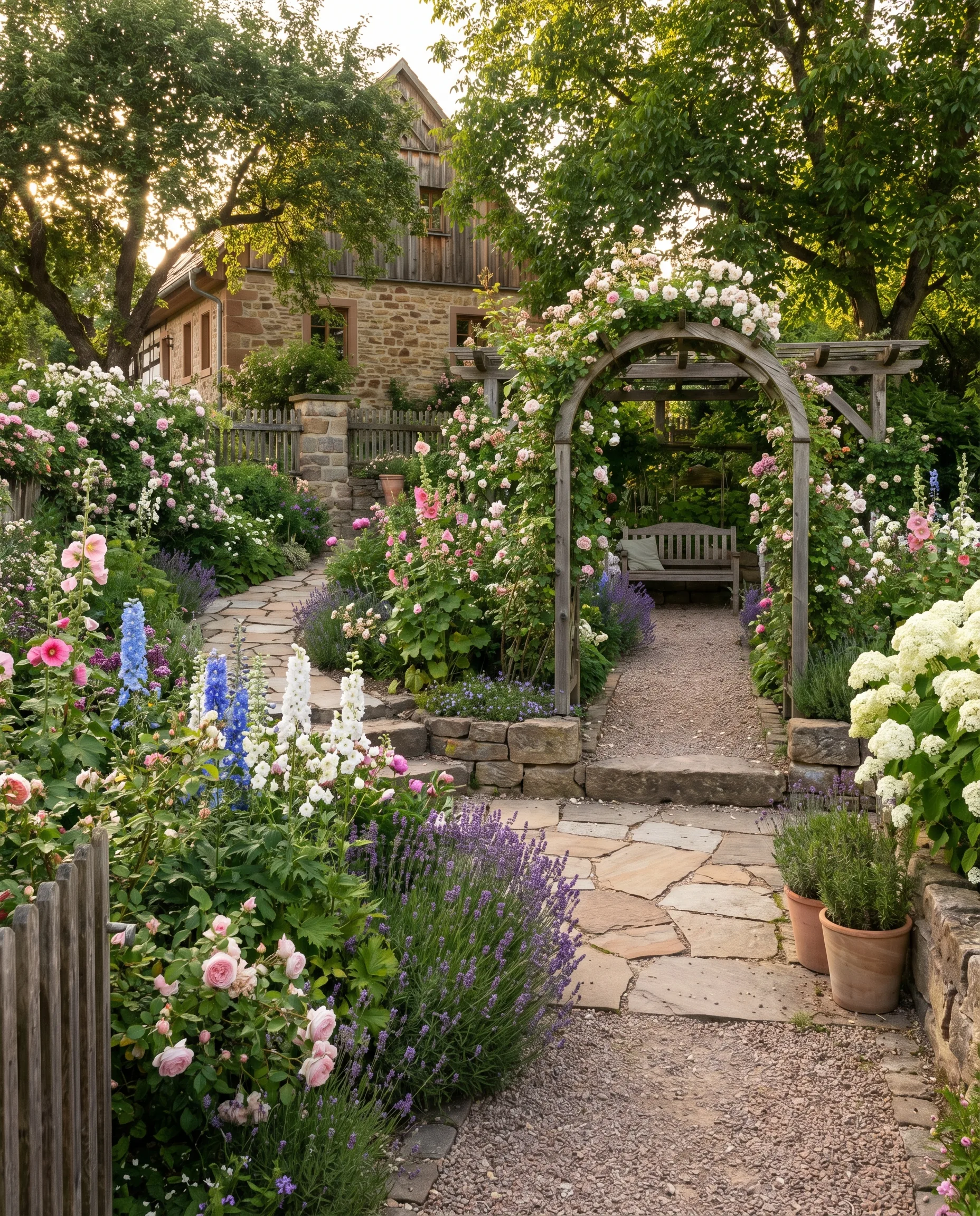 Cottage-Garten mit romantischer Blütenpracht und Natursteinwegen