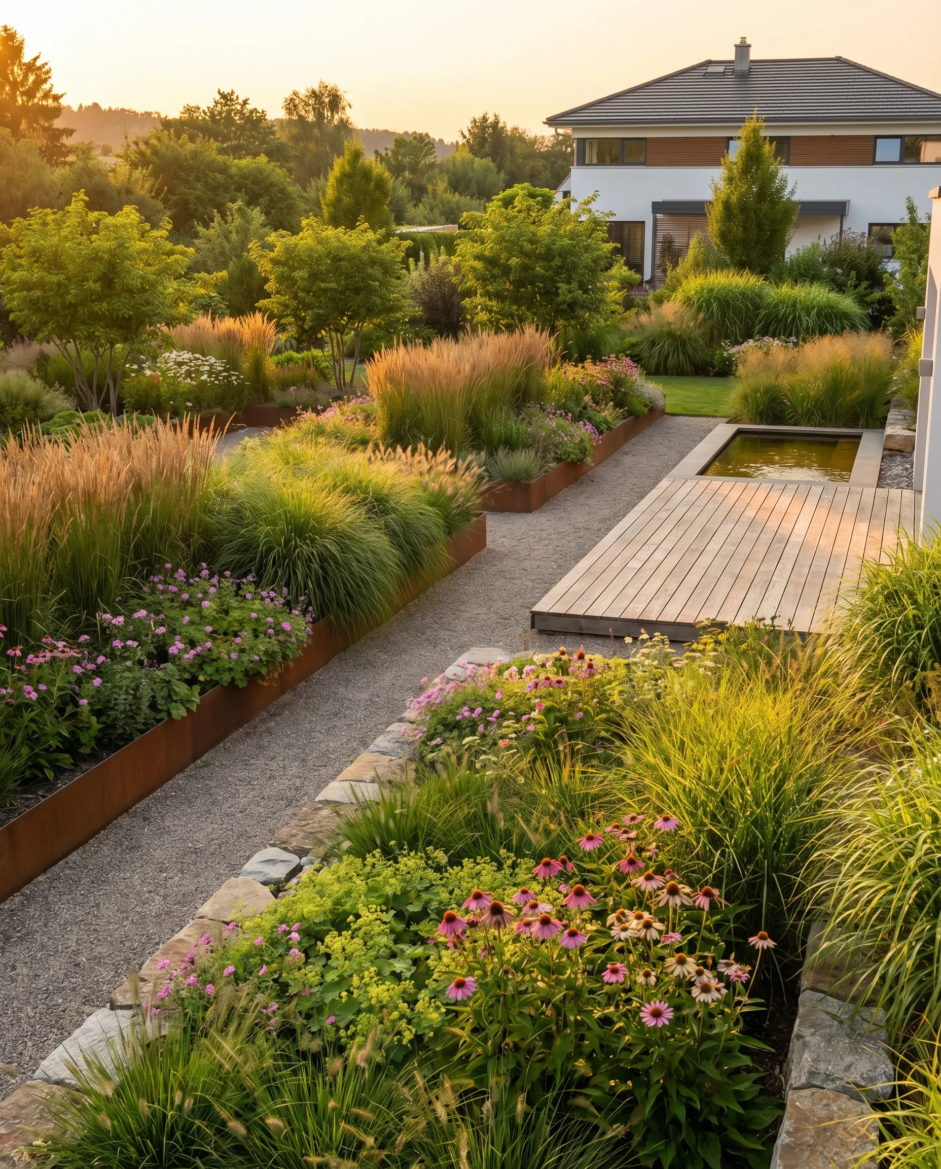 Pflegeleichter naturnaher Garten mit strukturierter Bepflanzung