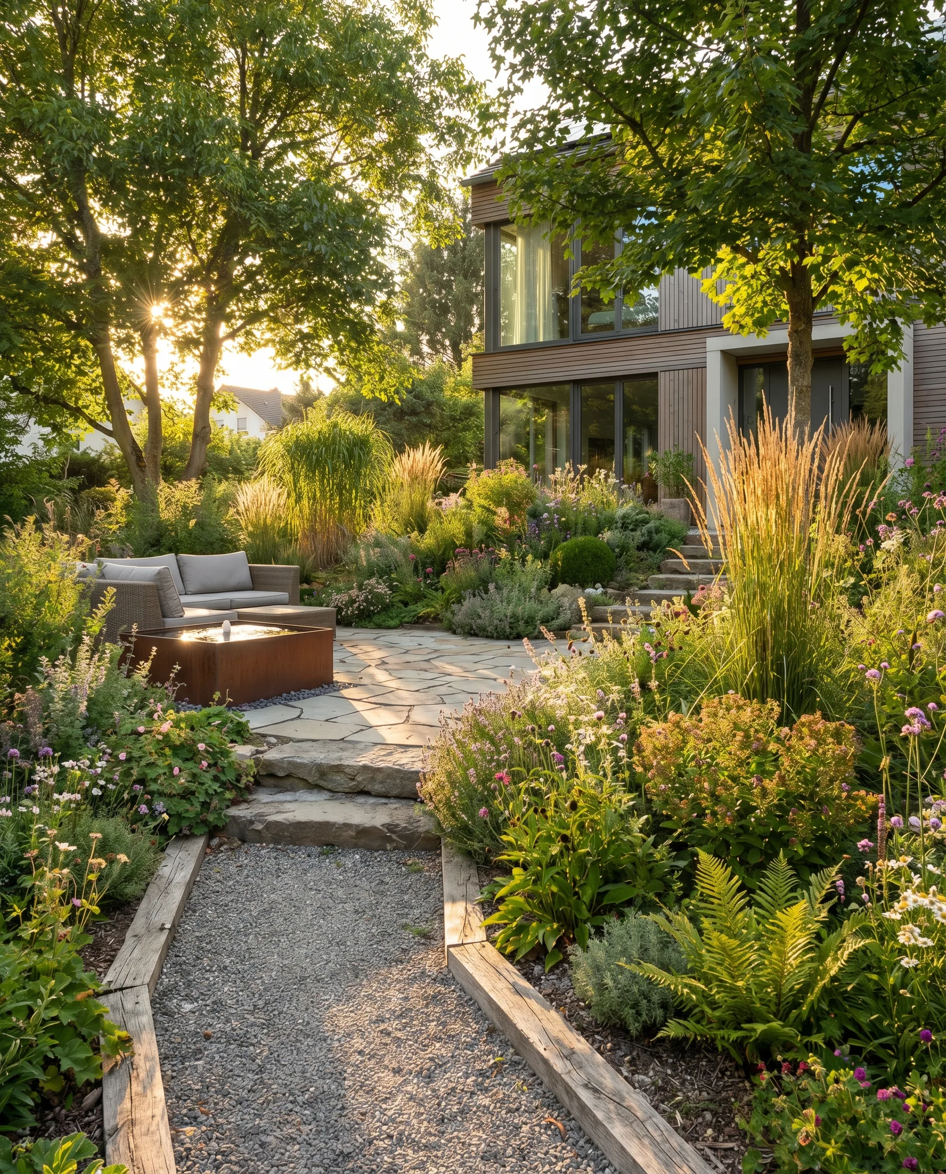 Romantischer Vorgarten mit Höhenstaffelung, Blüten und natürlichen Materialien