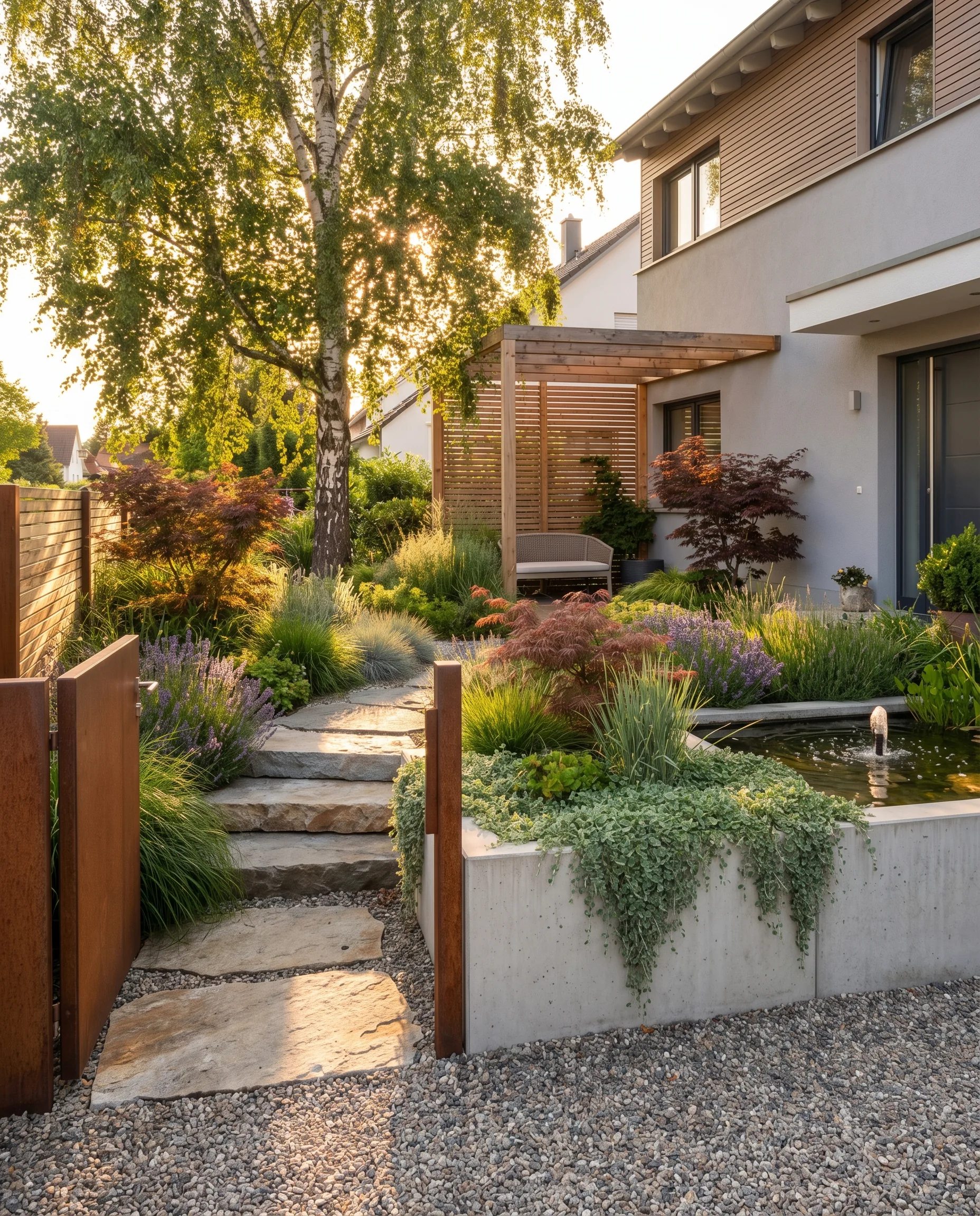 Romantischer Eingangsbereich mit Pergola, Rosen und üppiger Bepflanzung