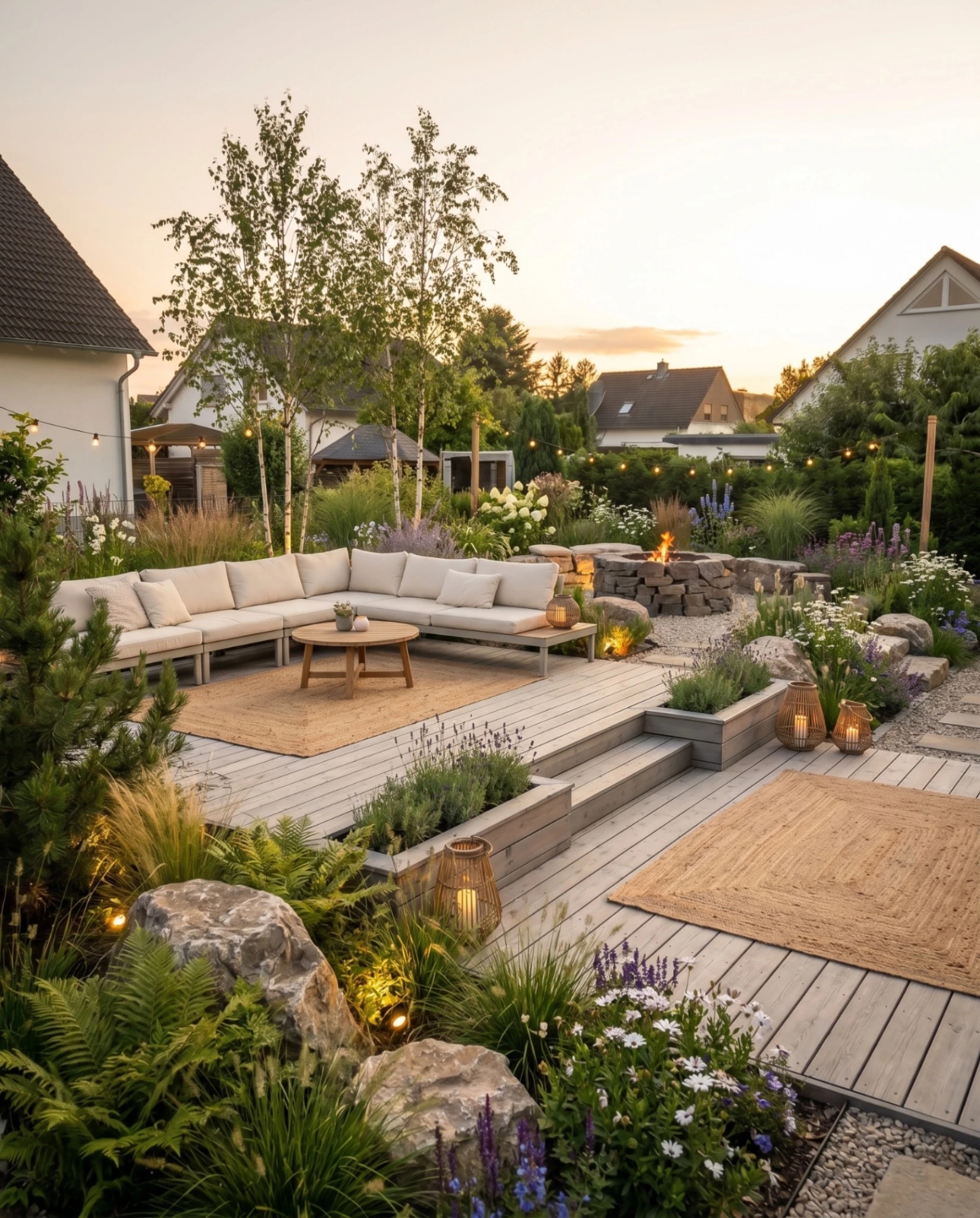 Design idea with a sunken lounge on a wooden deck, birches, natural stones and an outdoor fire pit