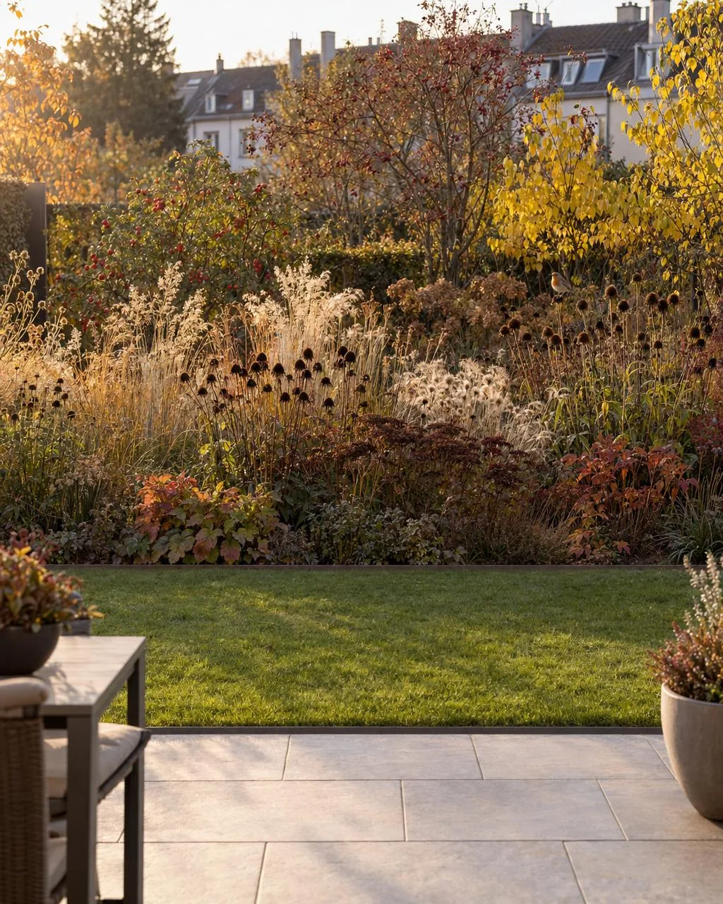 Autumn garden in evening light: a crisp lawn edge in front of a border with dark seed heads and pale grasses, behind it dog roses with hips and a cornelian cherry in yellow autumn foliage