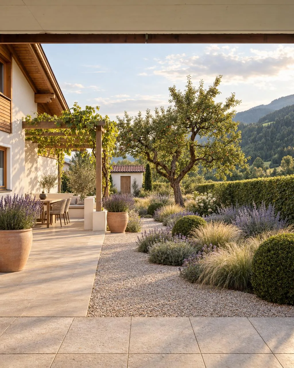 The same garden with a limestone terrace, open vine pergola, gravel garden with lavender, grasses and box balls