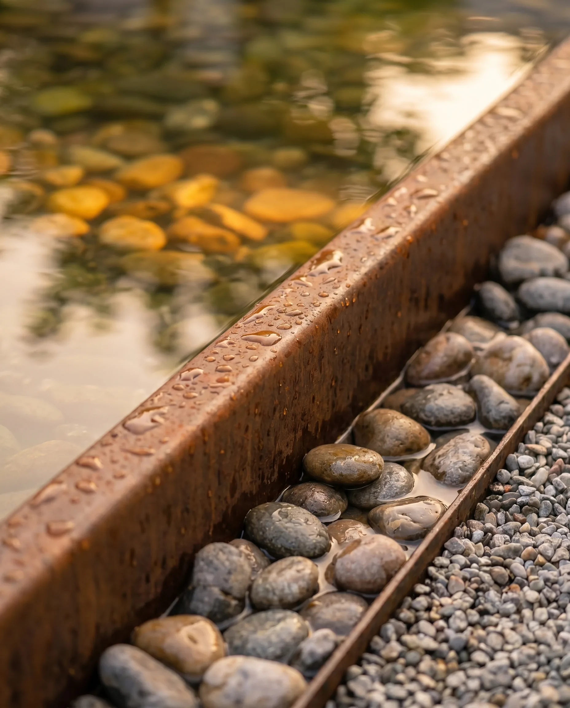 Nahaufnahme einer nassen Cortenstahl-Teichkante mit runden Flusssteinen – hochwertiges Gartendetail in warmem Gegenlicht.