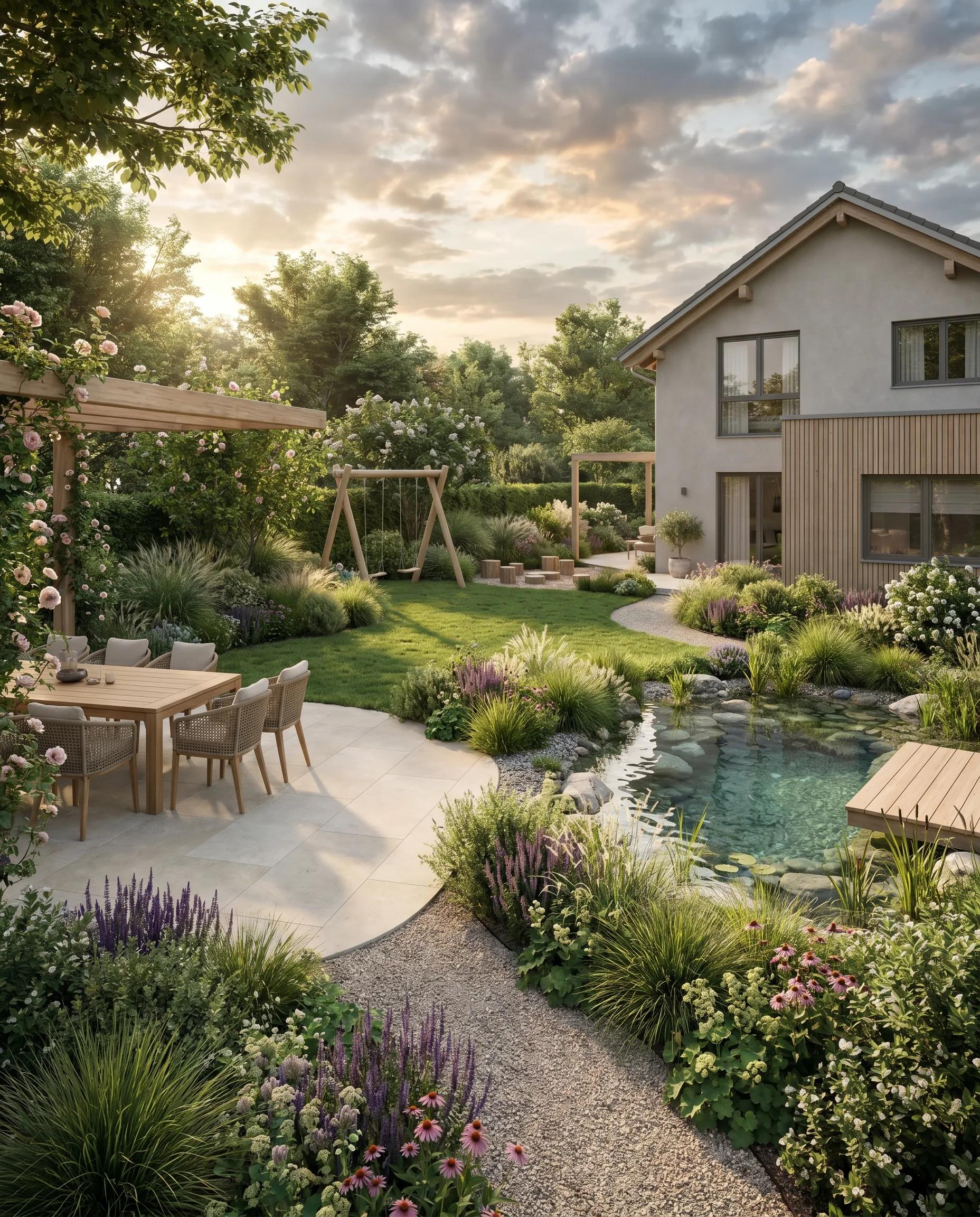 KI-gestützte Gartenplanung: naturnaher Garten mit Teich, Kieswegen, Lavendel und Holzschaukel im warmen Abendlicht.