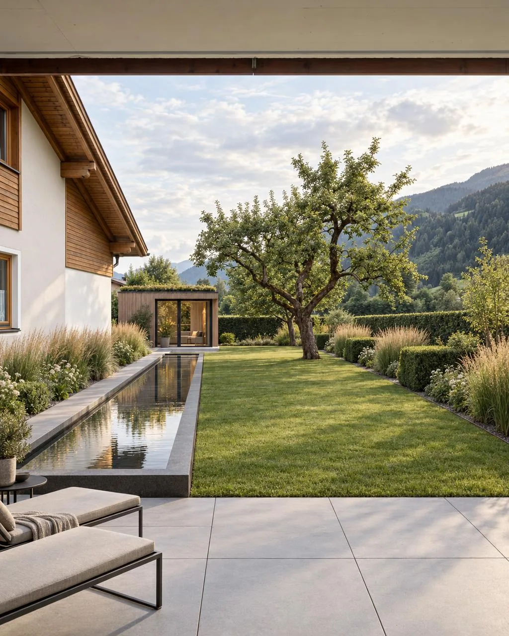 Garden at a detached house with a long reflecting pool, large-format slabs, a rectangular lawn, grasses, a hornbeam hedge and a garden studio under an old apple tree