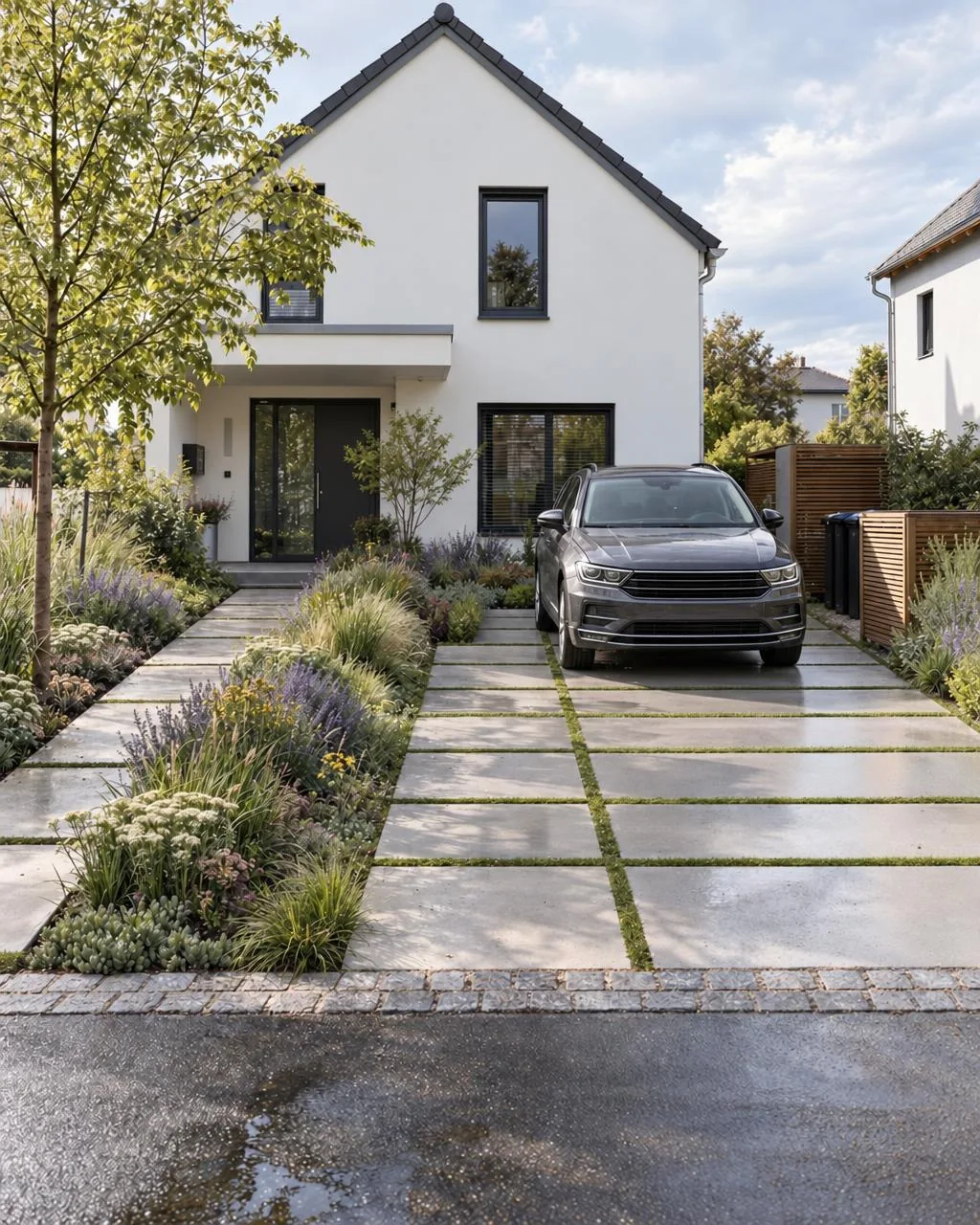 Driveway of a detached house made of large pale concrete slabs with wide grass joints, a parked car, beds of sage, catmint and grasses beside it, bins behind a timber screen