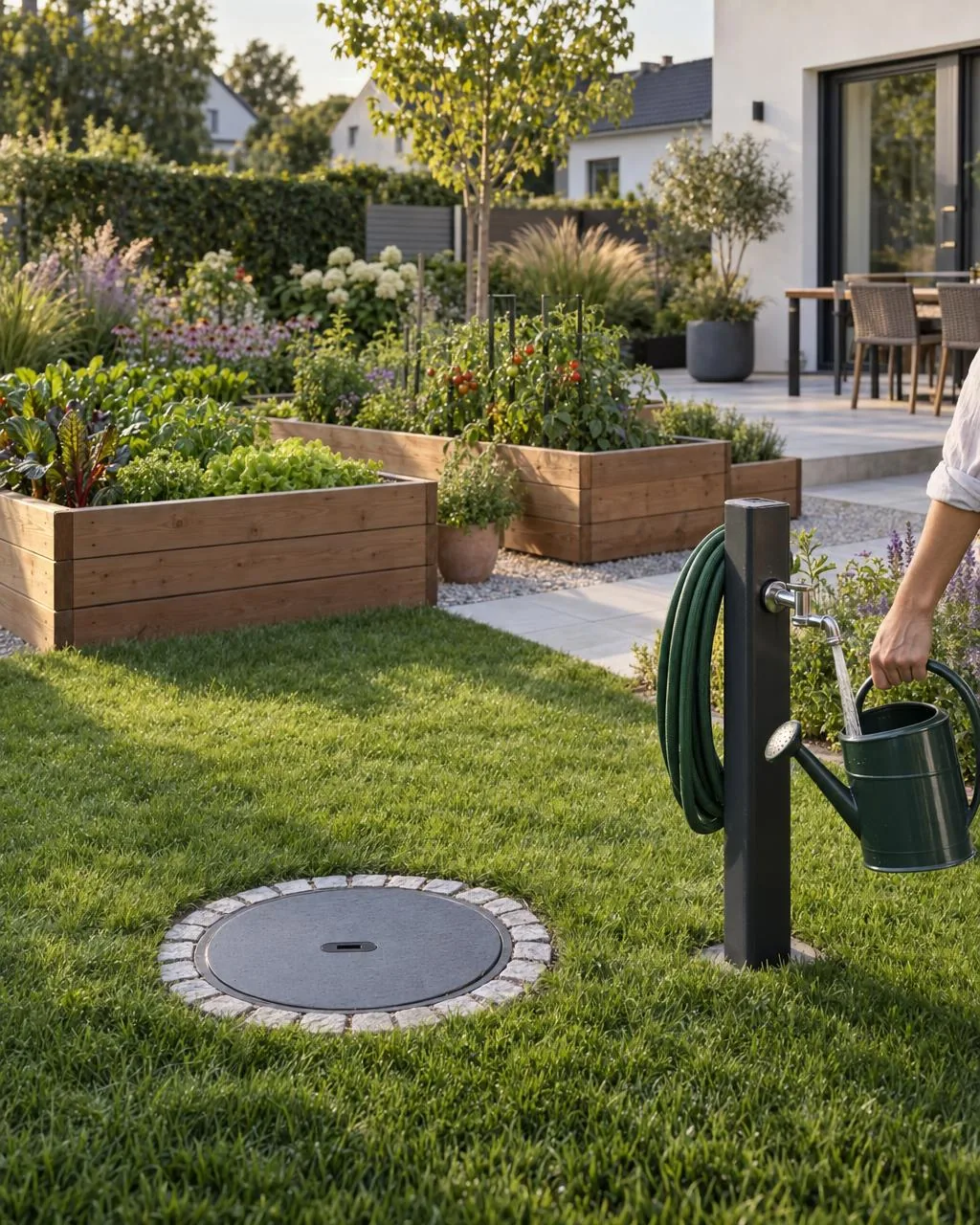 Round, flush cistern cover in the lawn with a ring of pale setts, next to it a dark water tap column filling a watering can, raised beds with vegetables and herbs behind