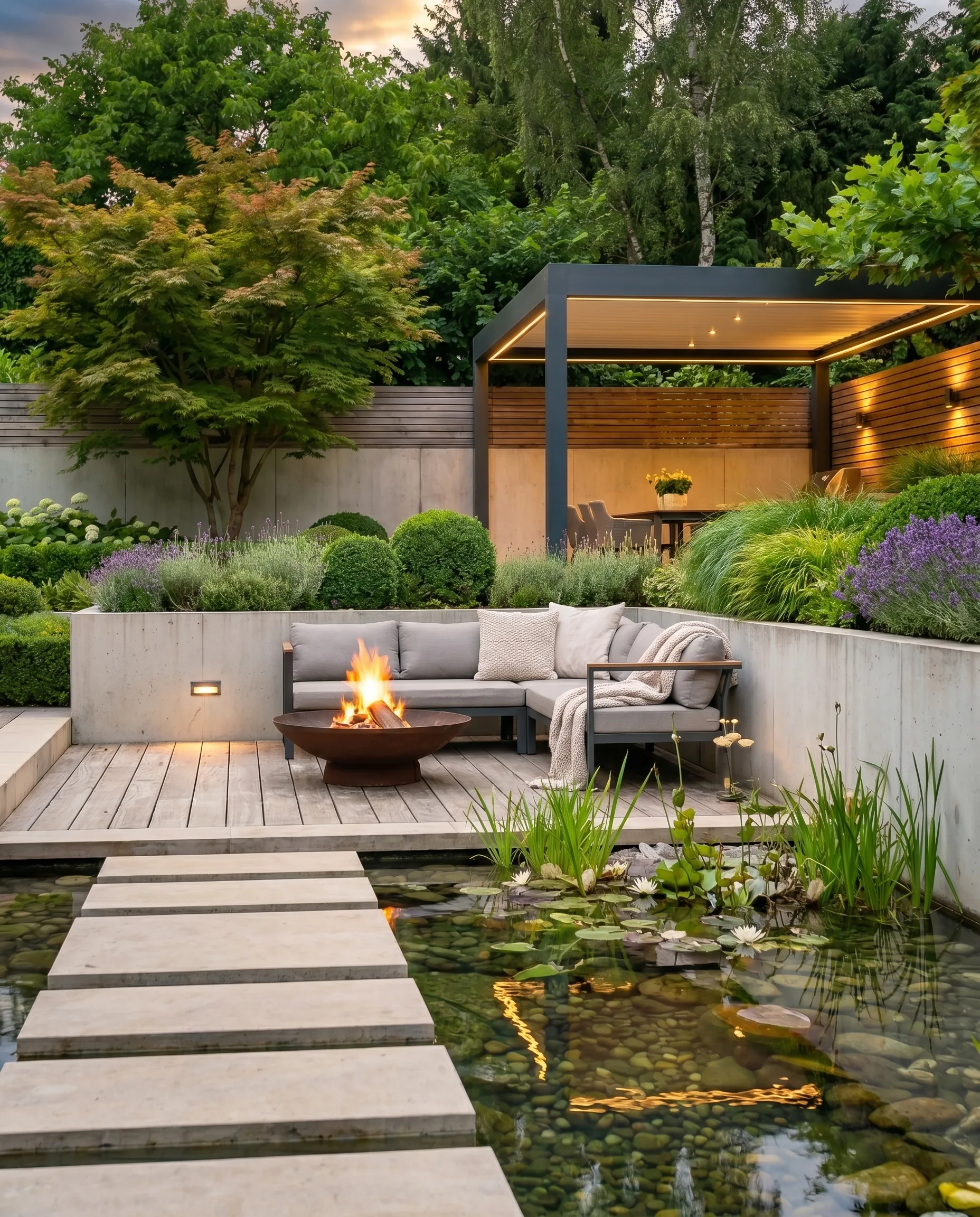 Hochwertige Gartengestaltung: Lounge-Terrasse mit brennender Feuerschale, Teich mit Seerosen und beleuchteter Pergola im Dämmerlicht.