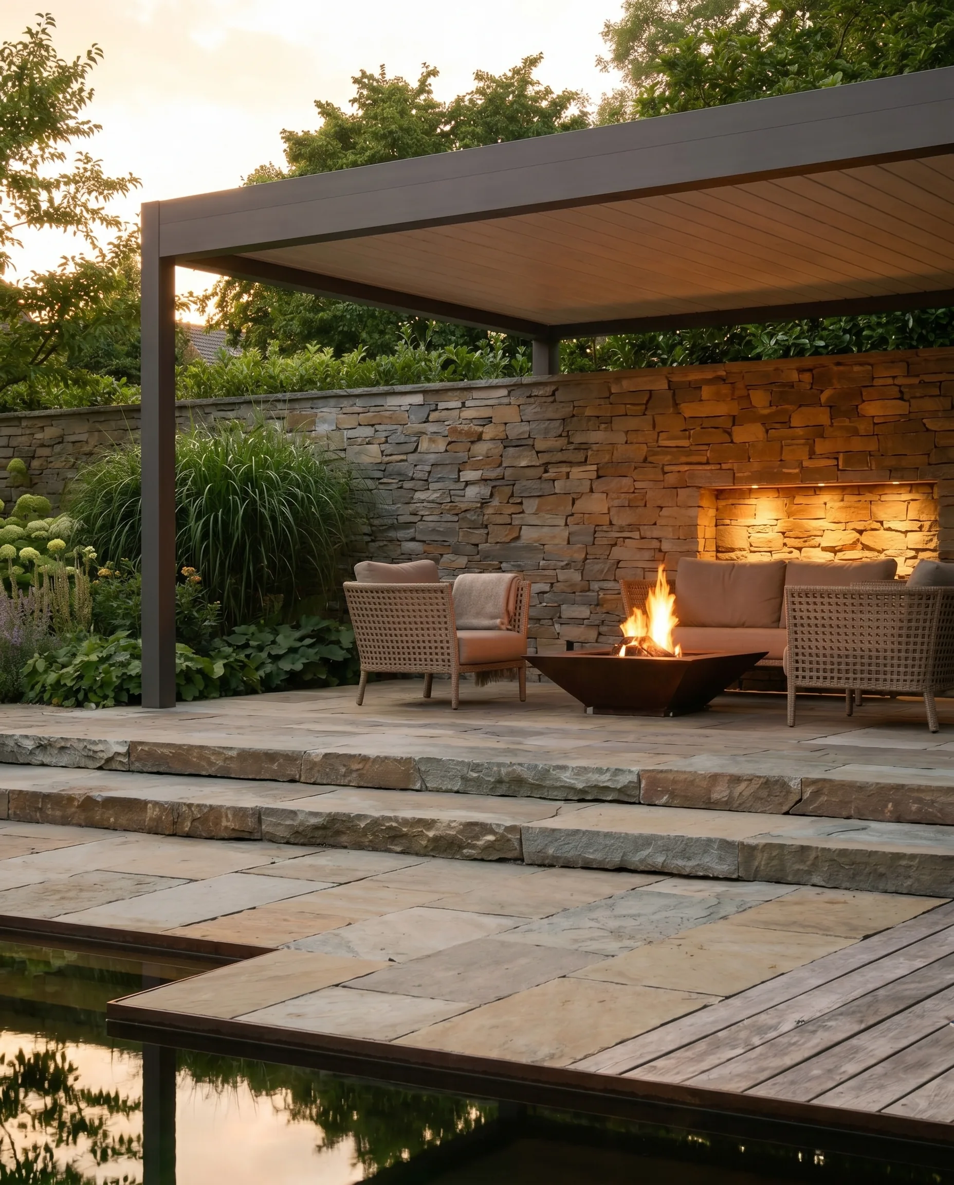Zeitgemäße Terrassengestaltung mit Natursteinmauer, Cortenstahl-Feuerschale, Korbsessel und flachem Pergola-Dach im Abendlicht.