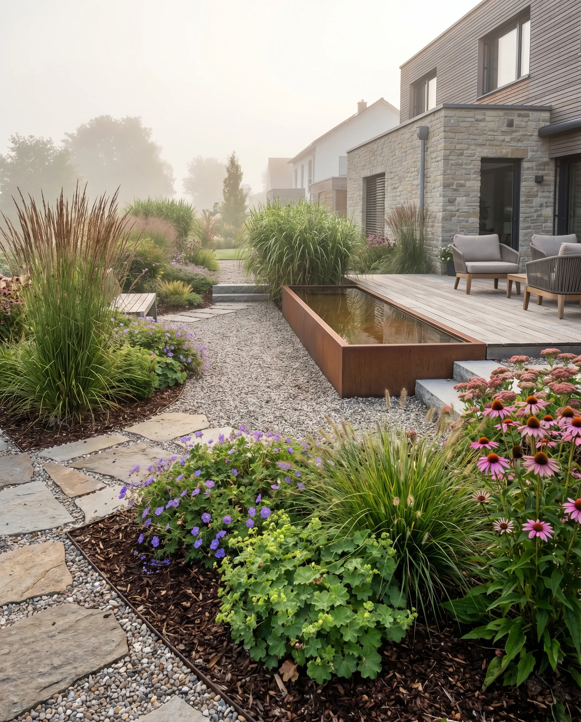 Moderner Gartenentwurf im Morgennebel: Cortenstahl-Wasserbecken, Kiesweg, lila Geranien und Ziergräser neben Holzdeck.
