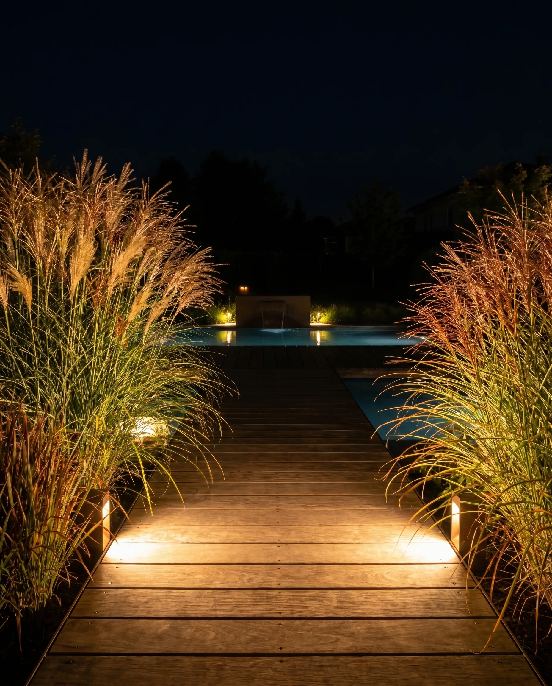 Holzsteg zwischen hohen Ziergräsern mit hellen, rötlich schimmernden Samenständen, abends von Bodenleuchten angestrahlt, im Hintergrund ein Wasserbecken