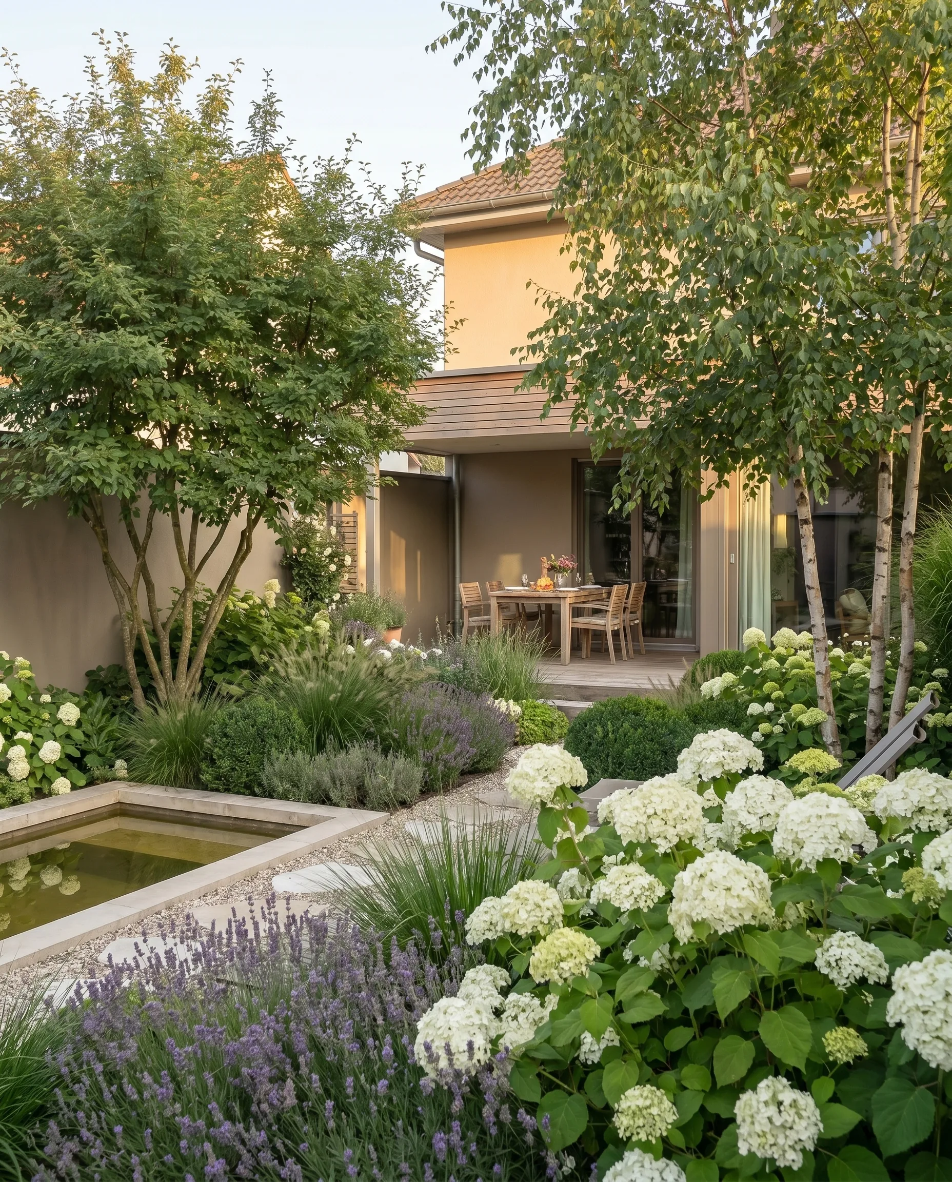 The same garden established, seen from a different angle: dense hydrangeas, lavender, birches and a seating area by the house