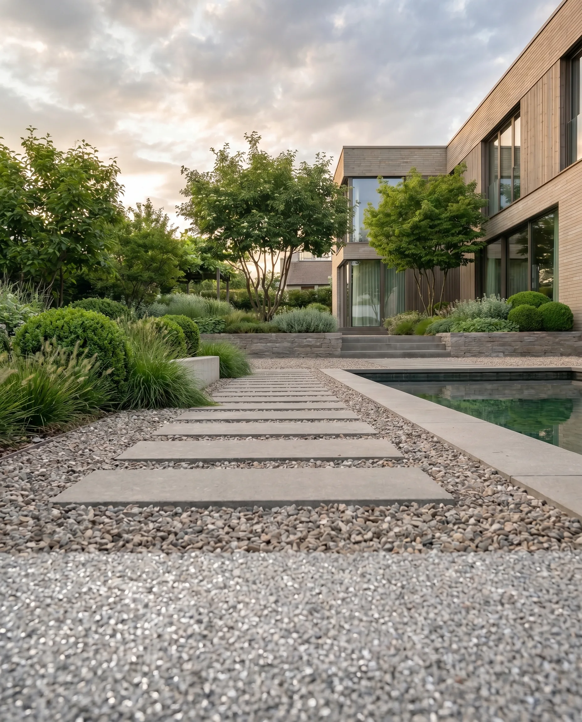Professionelle Außengestaltung: Betonplatten-Weg in Kies führt zu einem modernen Haus mit Ziergrasbepflanzung im Abendlicht.