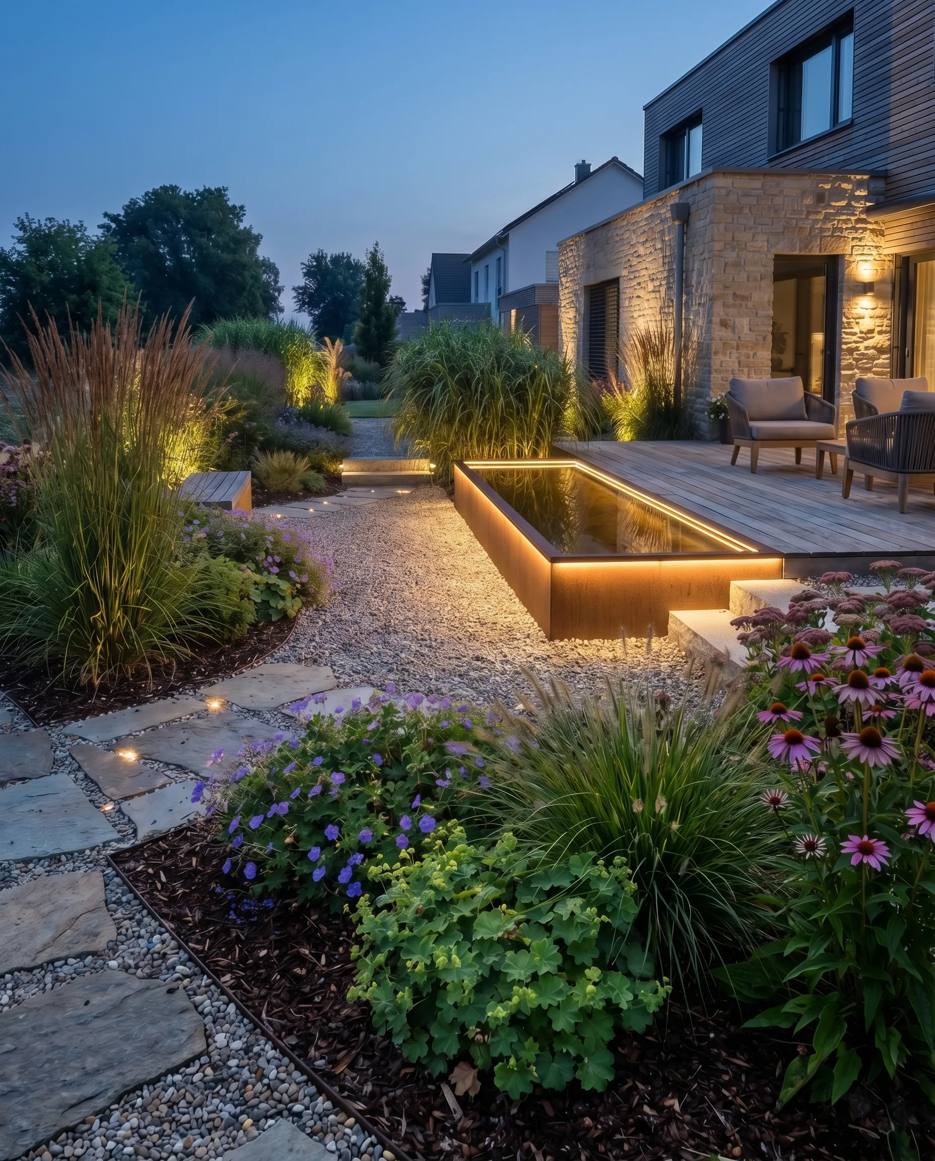 Hochwertige Gartengestaltung bei Nacht: beleuchtetes Cortenstahl-Becken, warm angestrahlte Ziergräser und Kiesweg im Blaustundenlicht.