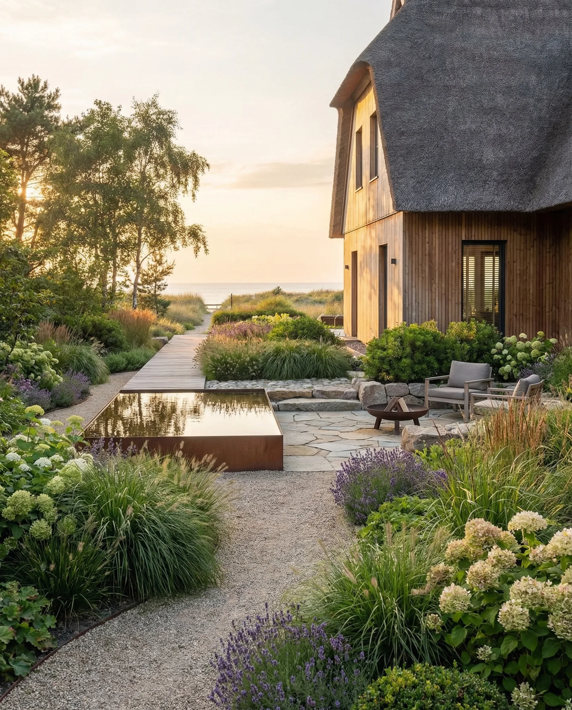 Naturnaher Premiumgarten mit Cortenstahl-Wasserbecken, Lavendel, Gräsern und Holzsteg neben Reetdachhaus bei Sonnenuntergang.