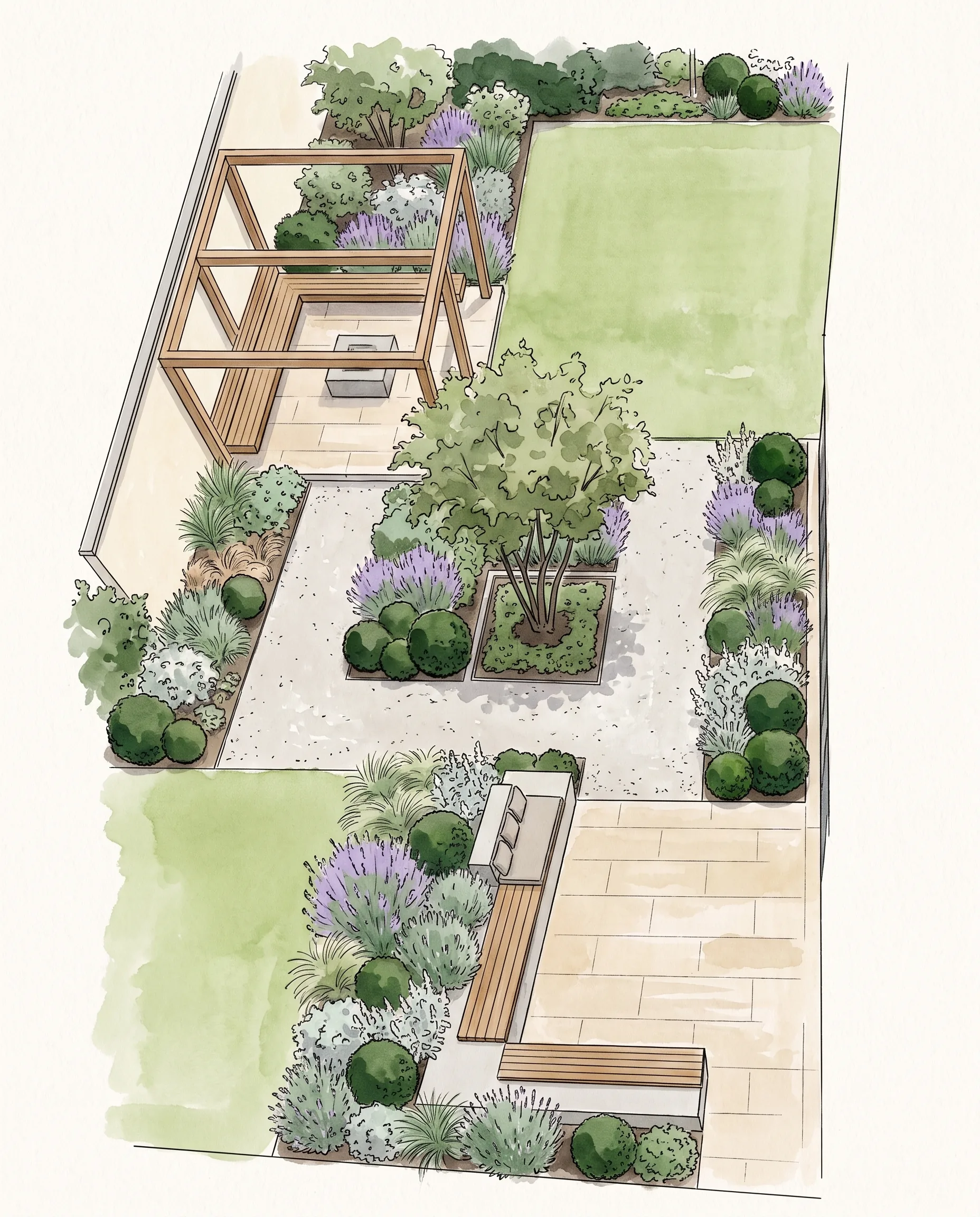 Drawn concept sketch of a residential garden with pergola, gravel courtyard, square beds and two lawns
