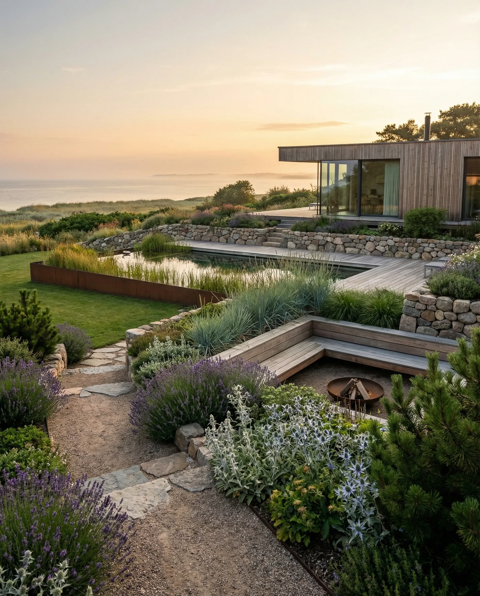 Moderner Gartenentwurf mit Natursteinmauern, Teich, Holzdeck und blühendem Staudenbeet im warmen Abendlicht am Meer.
