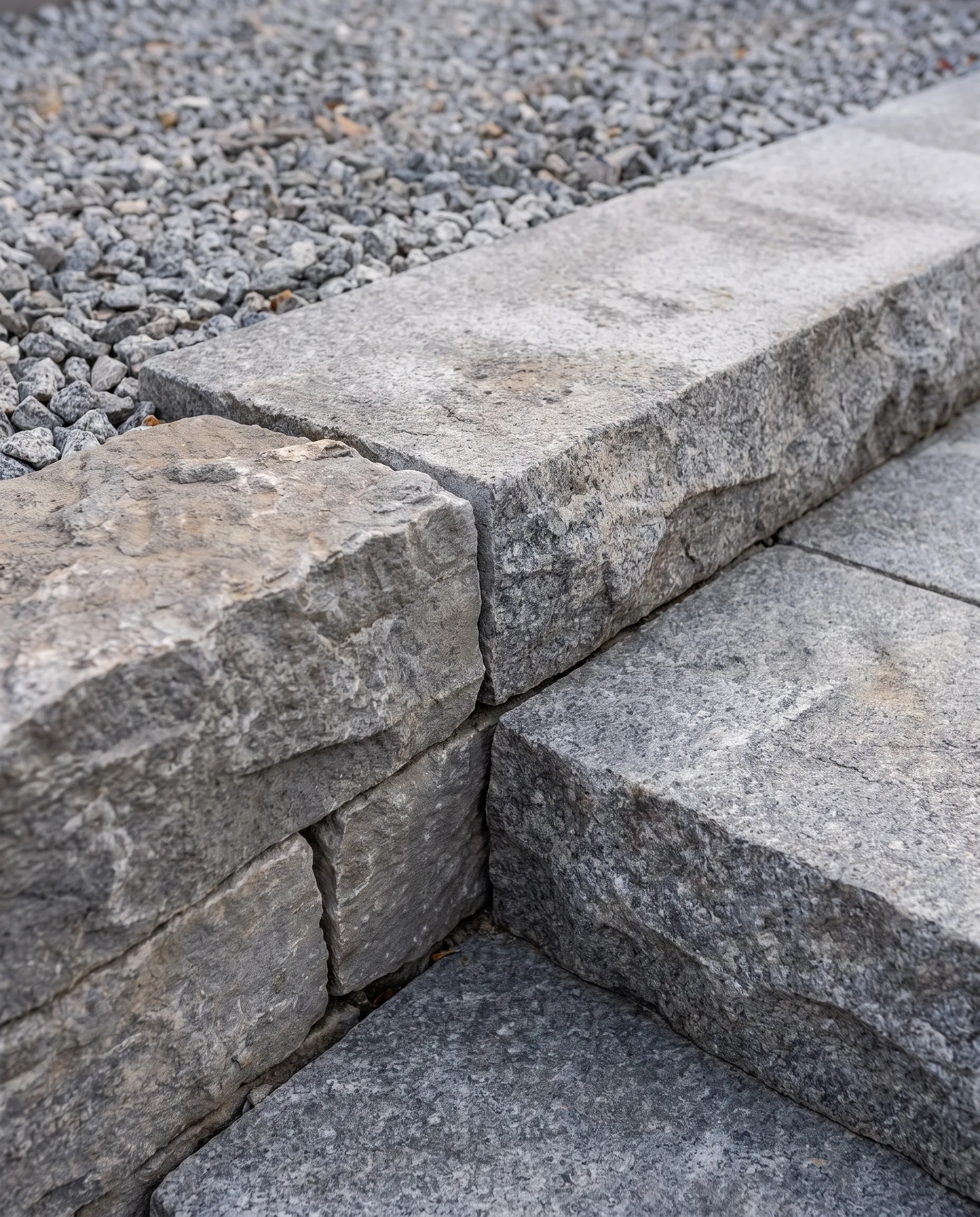 Close-up of roughly split granite block steps with grey chippings