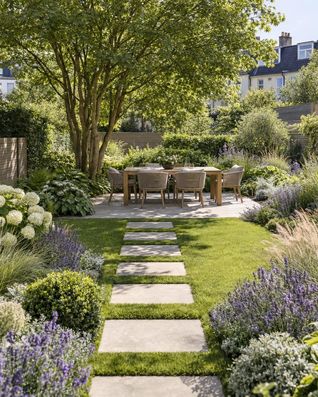 Multi-stem tree with an airy crown shading a dining table on a natural stone terrace in the middle of a terraced-house garden, stepping stones in the lawn between lavender and perennials in front
