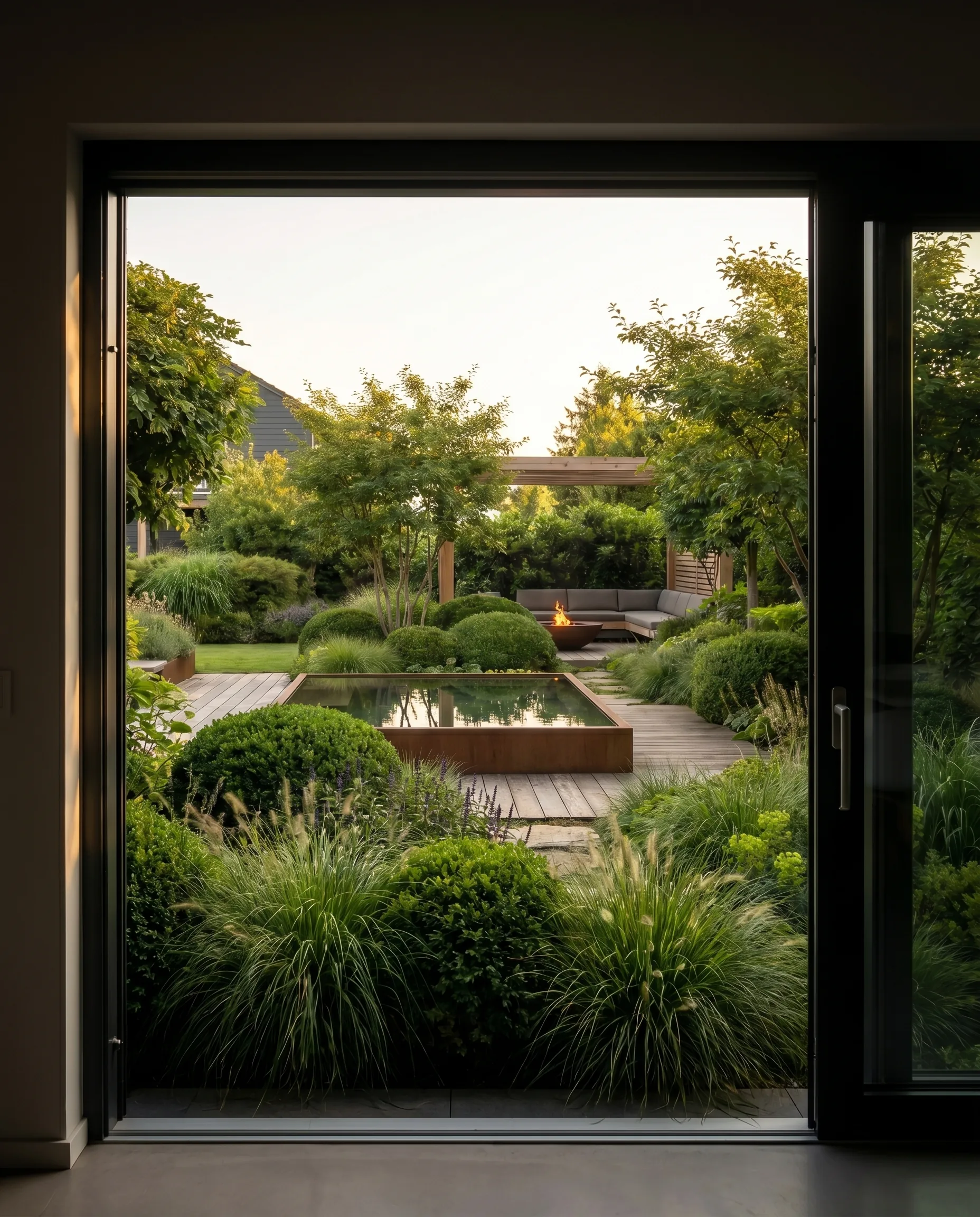 Hochwertige Gartengestaltung: Blick durch Panoramafenster auf Wasserbecken, Holzdeck, Buchskugeln, Pergola mit Feuerschale im Abendlicht.