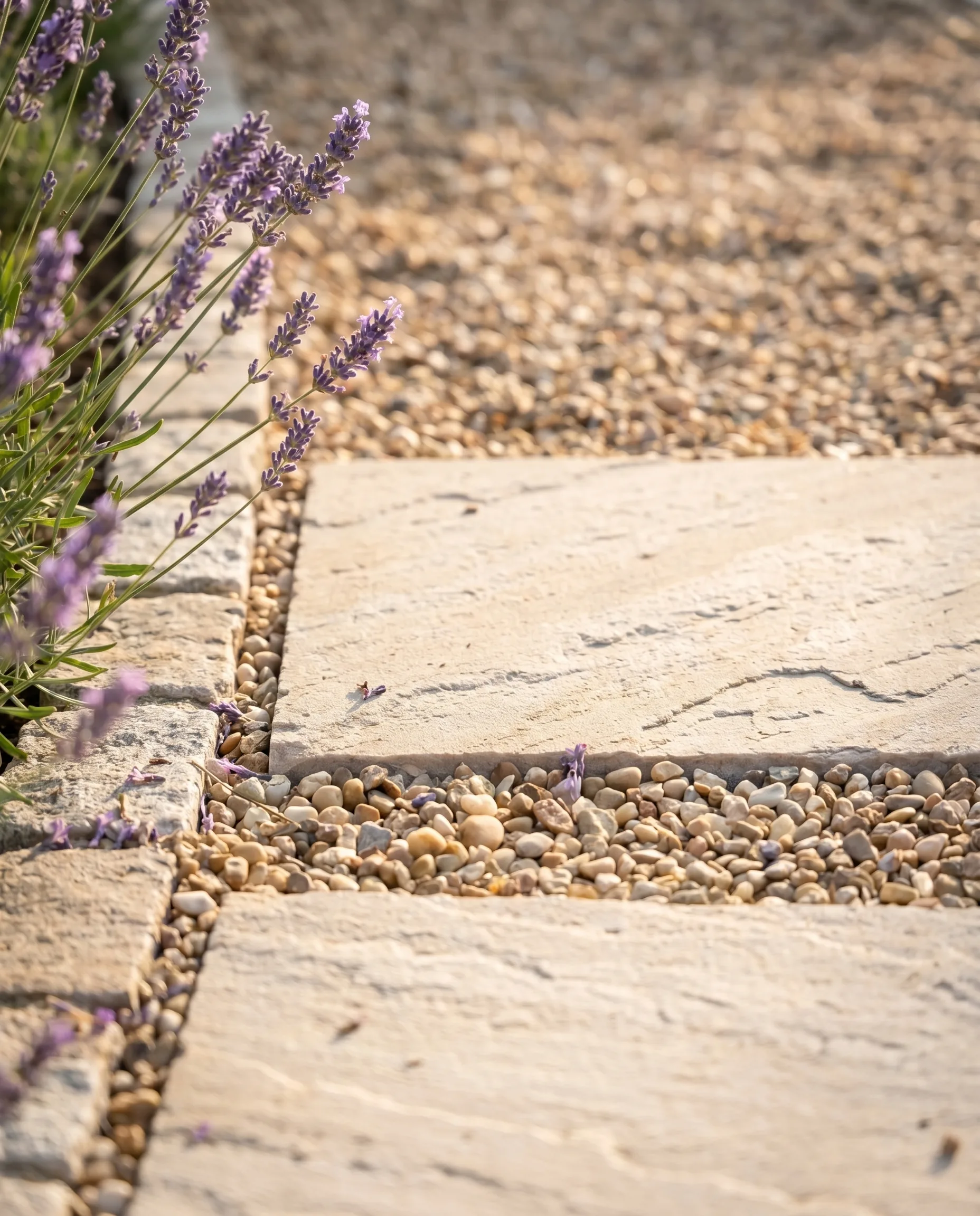 Naturnaher Premiumgarten: Nahaufnahme heller Sandsteinplatten mit Kieselfüllung und blühendem Lavendel im Sonnenlicht.
