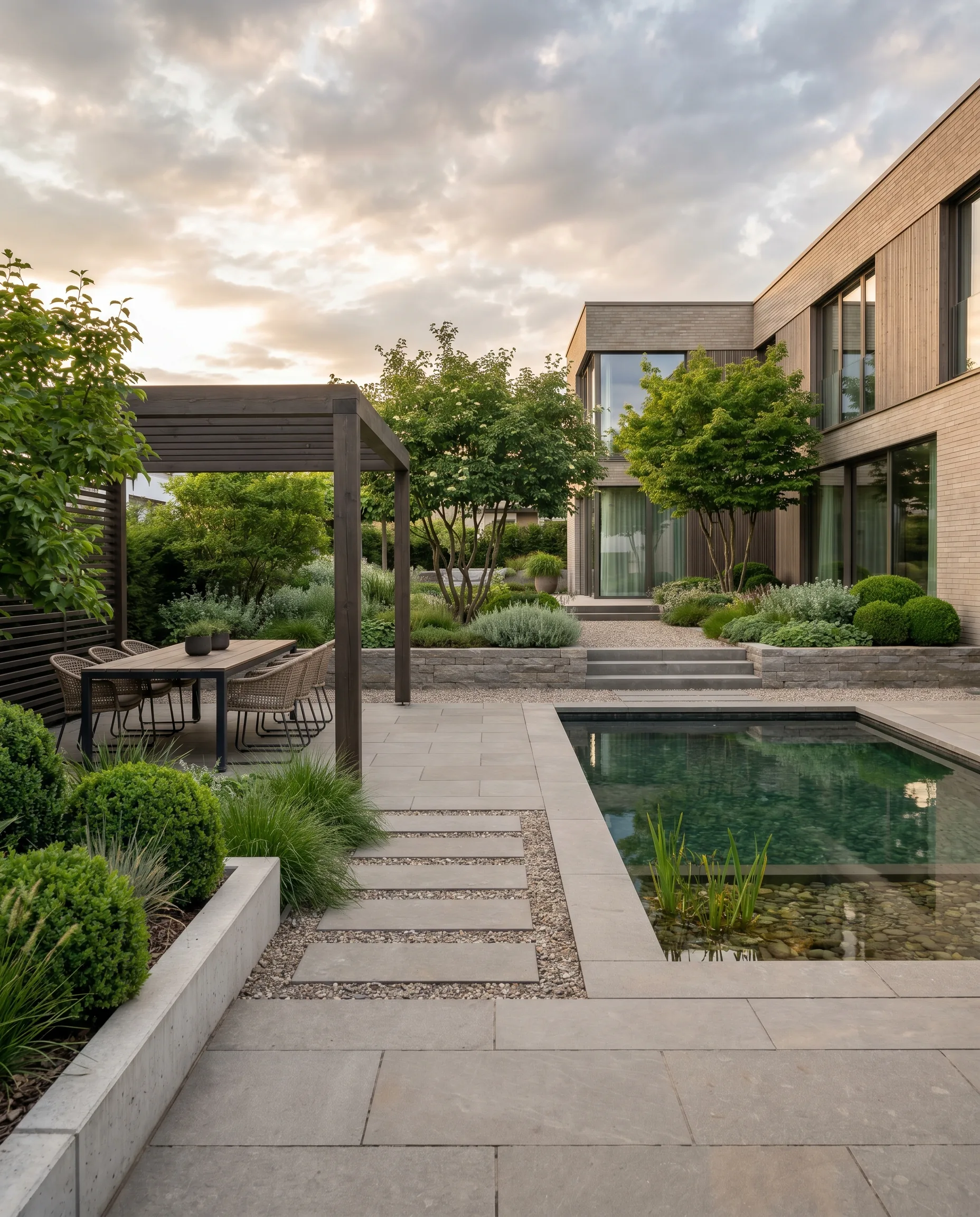 Moderner Gartenentwurf mit Natursteinteich, Kies-Trittsteinweg, Holzpergola und üppigen Gehölzen im Abendlicht.
