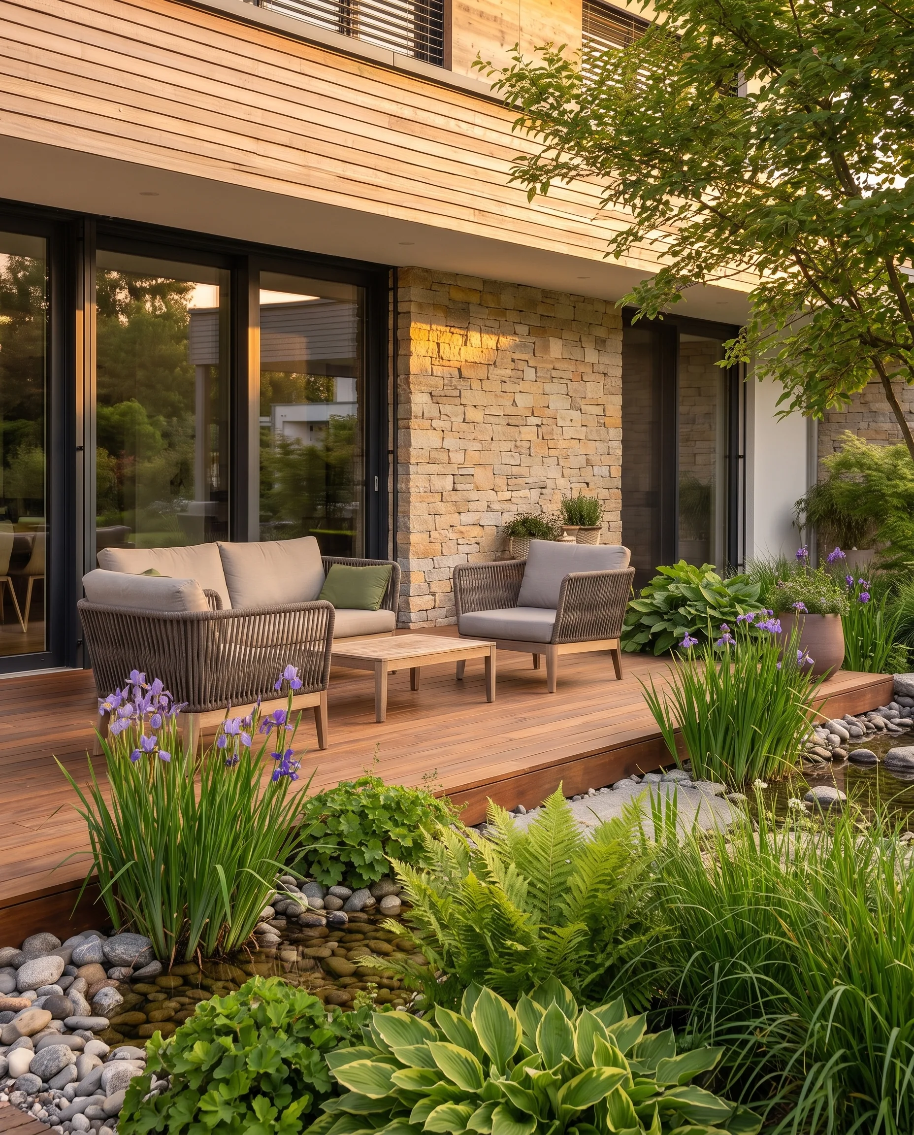 Wooden deck by the house with a lounge sofa and armchairs, in front of it irises, hostas, grasses and a gravel edge with pebbles in the evening light
