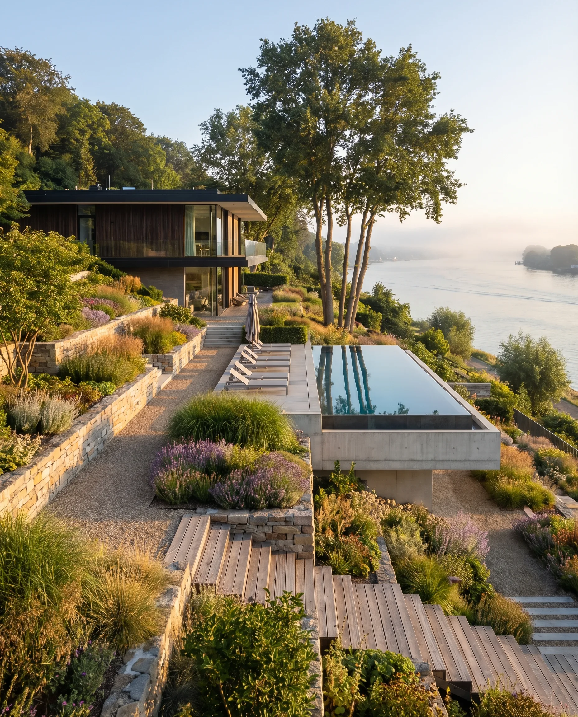 Moderner Gartenentwurf: terrassierter Hanggarten mit Infinity-Pool, Natursteinmauern, Ziergräsern und Lavendel im warmen Morgenlicht.