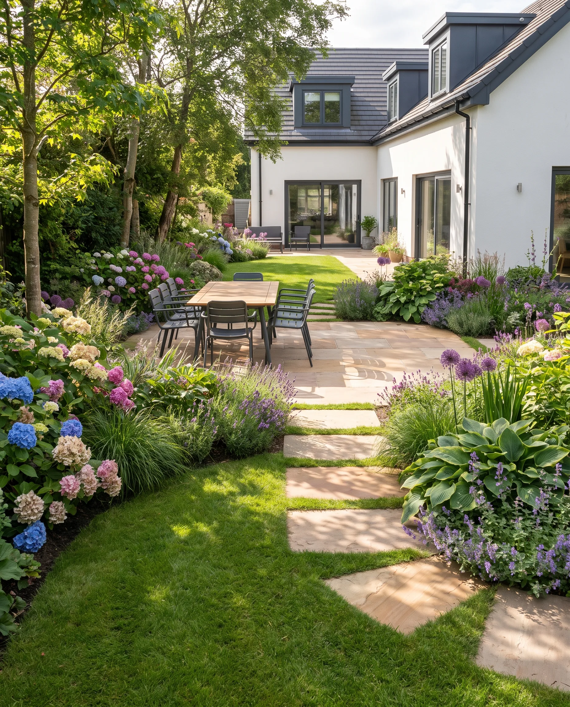 Garten im Sommer: Trittplatten im Rasen führen zu einem Natursteinsitzplatz mit Holztisch, Beete mit blauen und rosa Hortensien und Funkien, dahinter ein weißes Haus