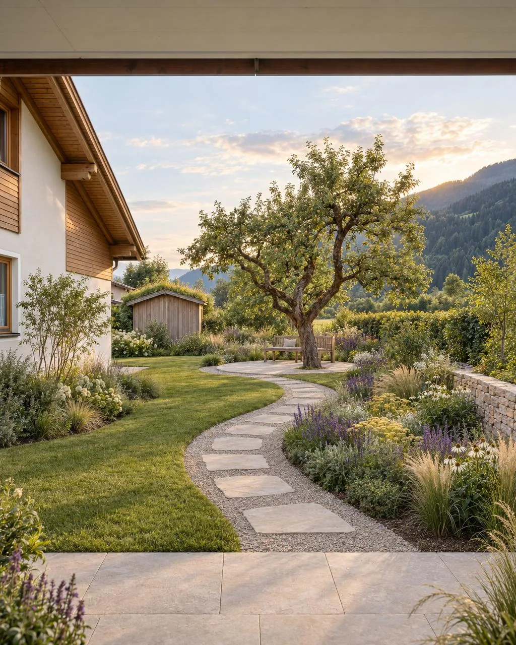 The same garden with a curved stepping-stone path to a round seating area under the apple tree, perennial borders and a dry-stone wall