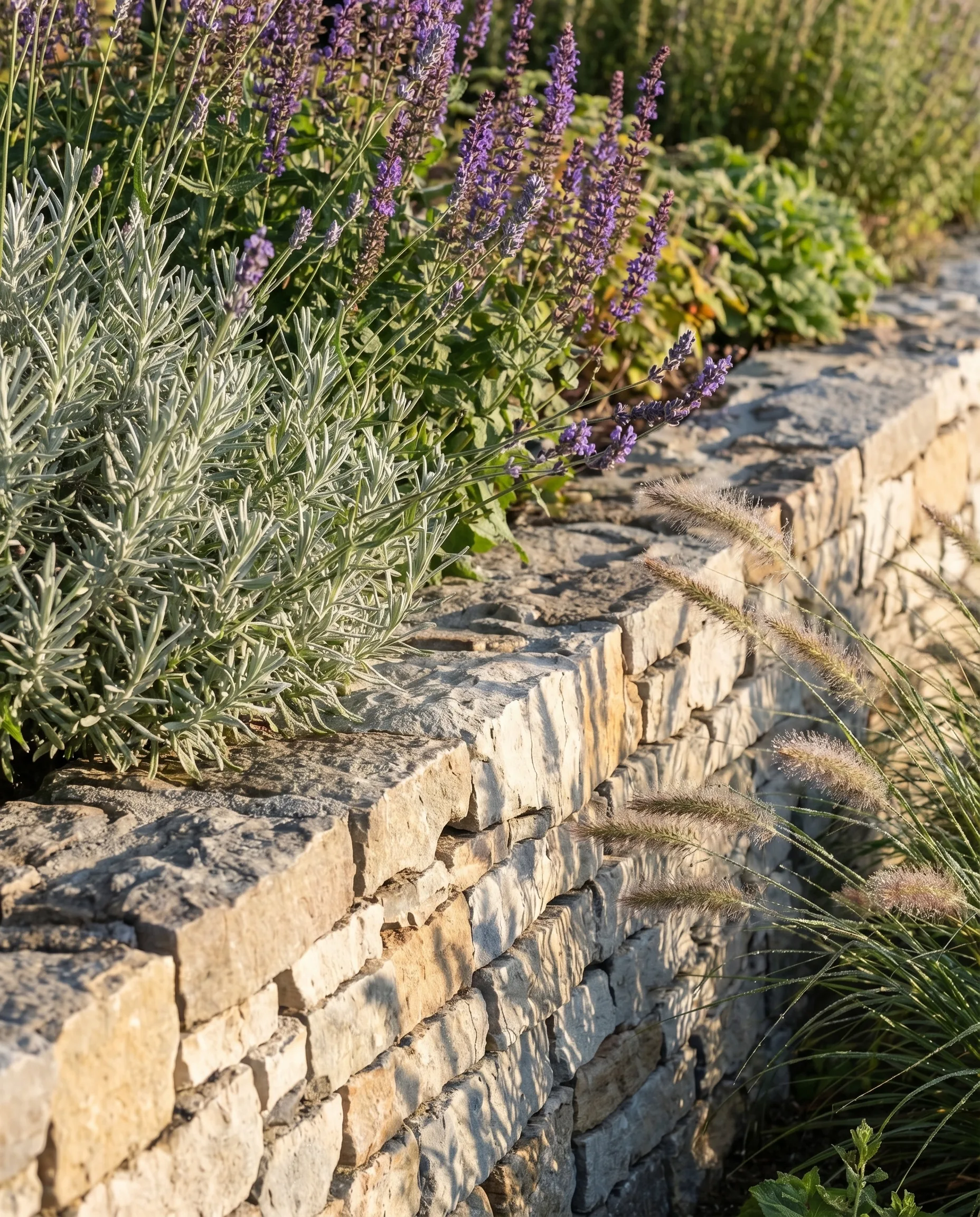 Naturnaher Premiumgarten: handgefügte Natursteinmauer mit blühendem Salbei, Lavendel und silbrigem Rosmarin im warmen Abendlicht.