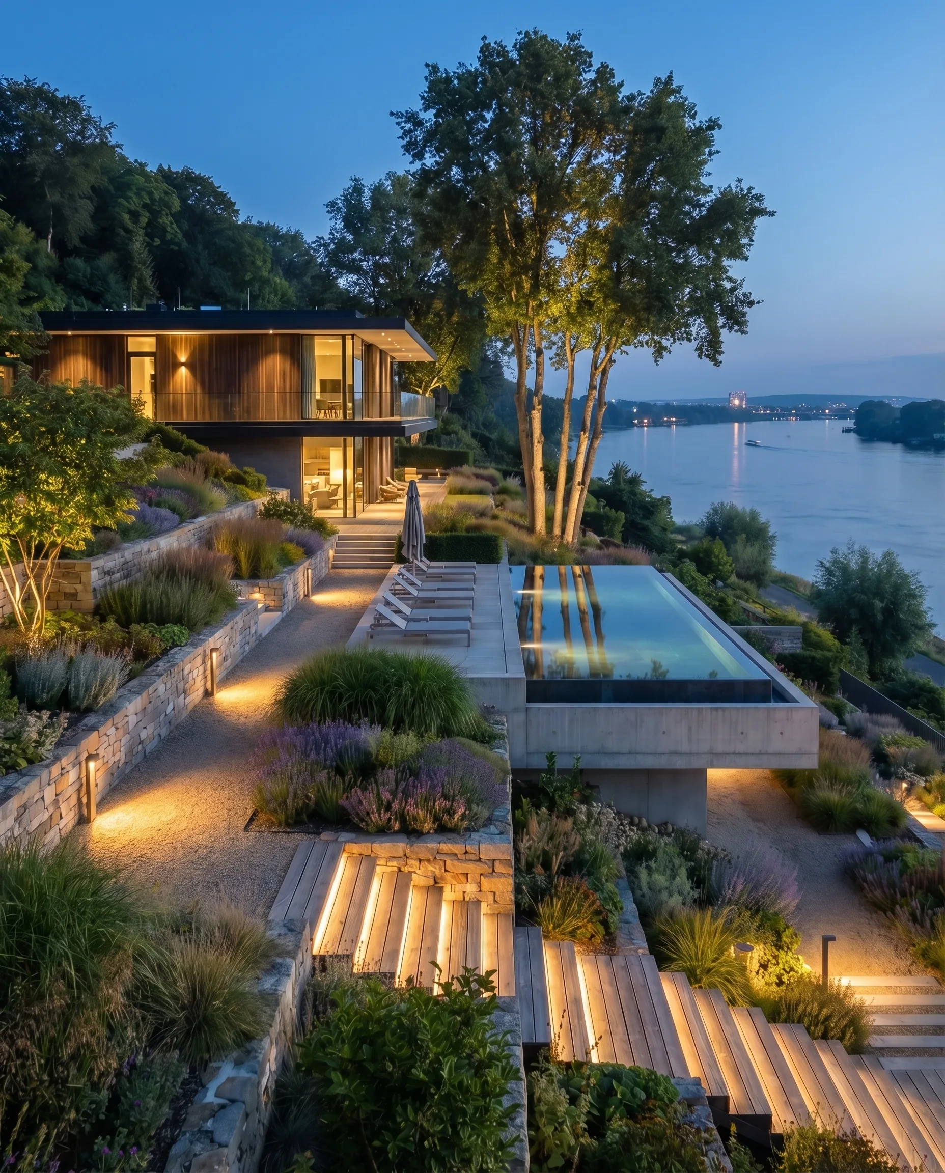 Hochwertige Gartengestaltung bei Nacht: beleuchtete Holzterrassen, Infinity-Pool und bepflanzte Steinmauern mit Seeblick in der Abenddämmerung.