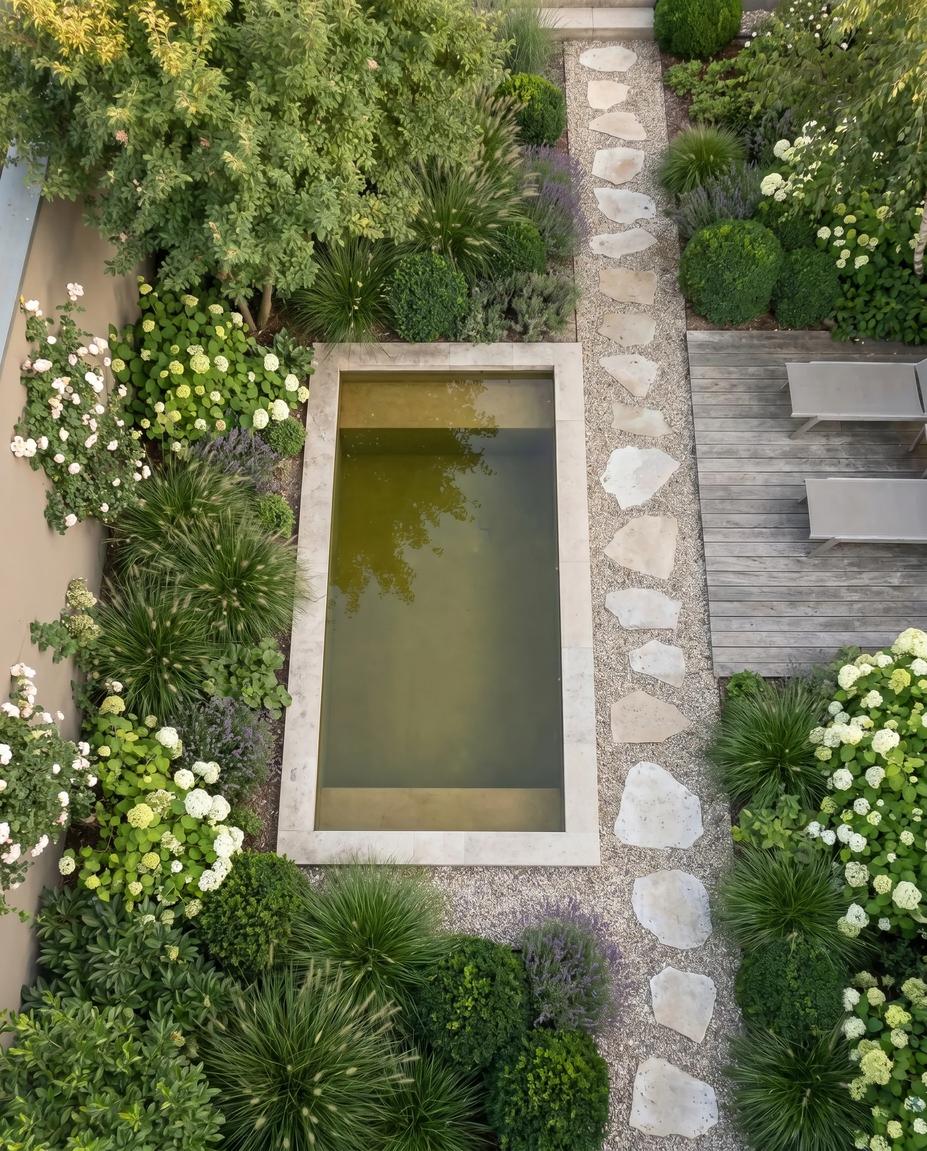 Vertical top view of the same garden with water basin, stepping-stone path, wooden deck and beds