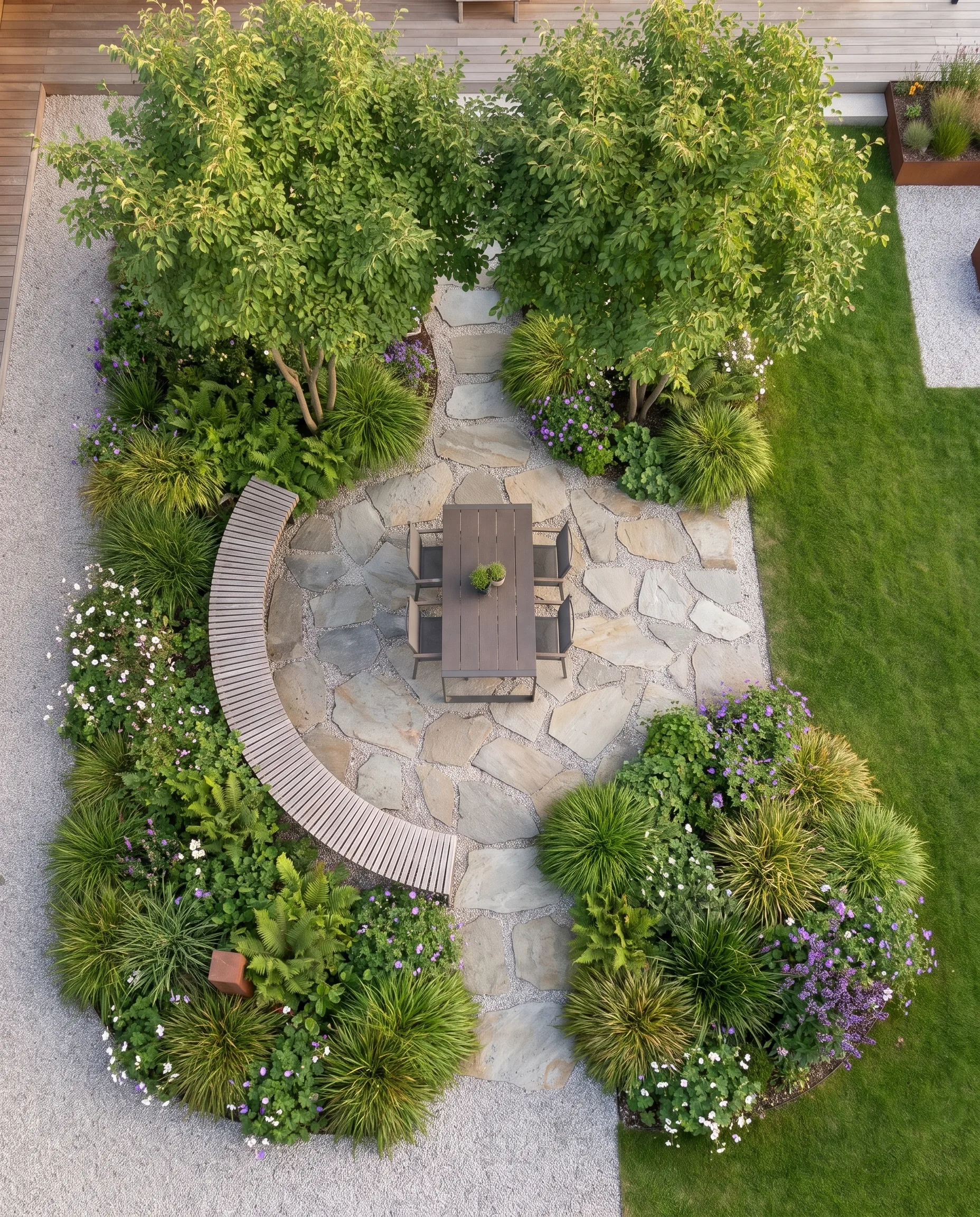Seating area from above: round natural stone terrace with curved wooden bench, dining table, two trees and beds