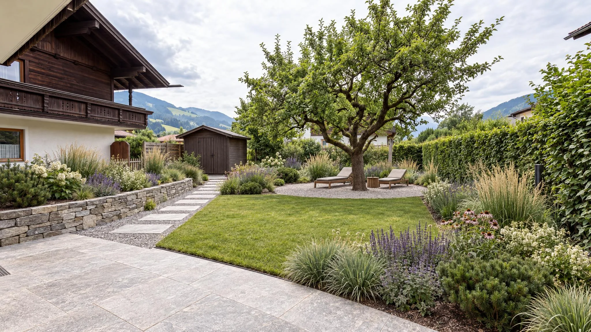 Garden at a chalet in modern alpine style with a gneiss terrace, stepping stones in gravel, a dry stone wall, grasses and two loungers under an old apple tree