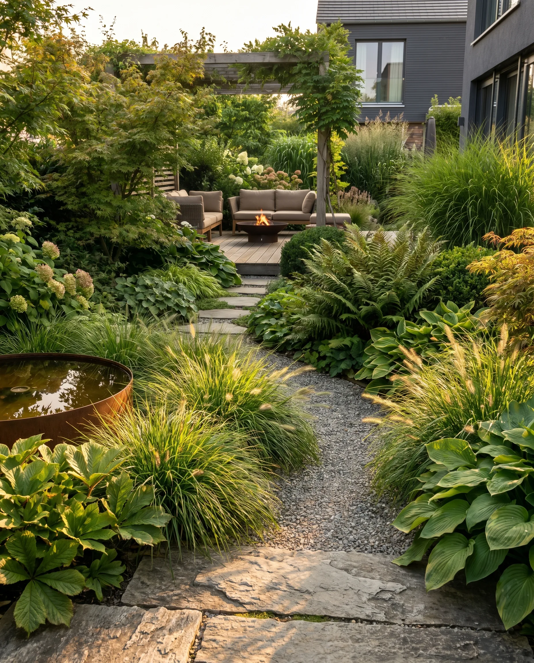 Hochwertiger Gartenentwurf mit Kiesweg, Trittplatten, Ziergräsern, Hosta-Stauden und einer Holzterrasse mit Feuerschale im Abenddämmerungslicht.