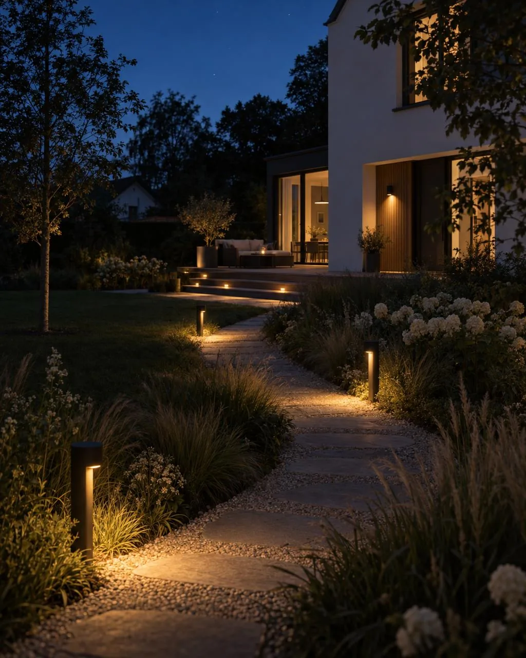 Stepping stones between grasses and perennials at blue hour, low lights casting warm light onto the path